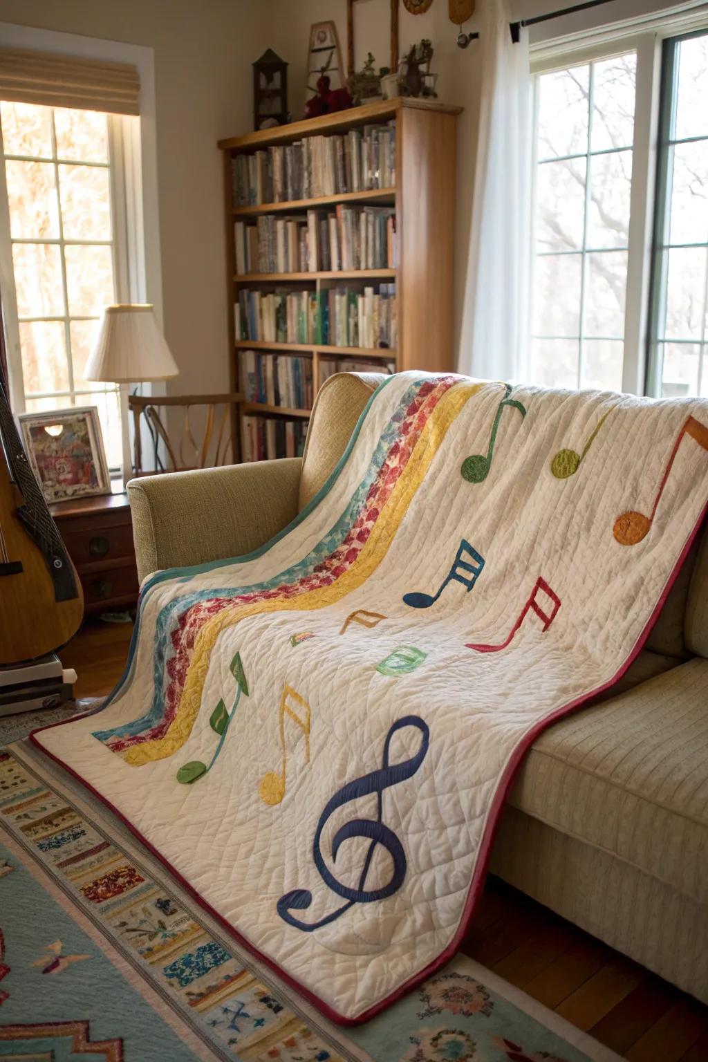 Warmth and style come together in a music note quilt.