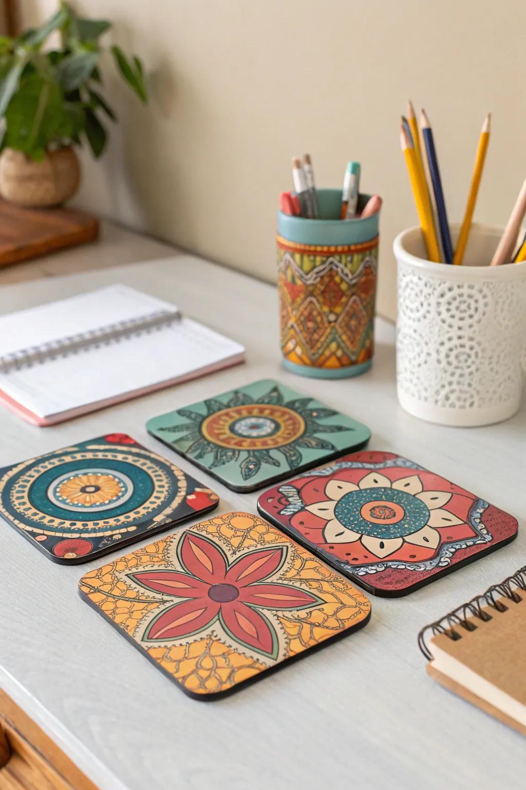 Stylish decorative coasters adding personality to the office.