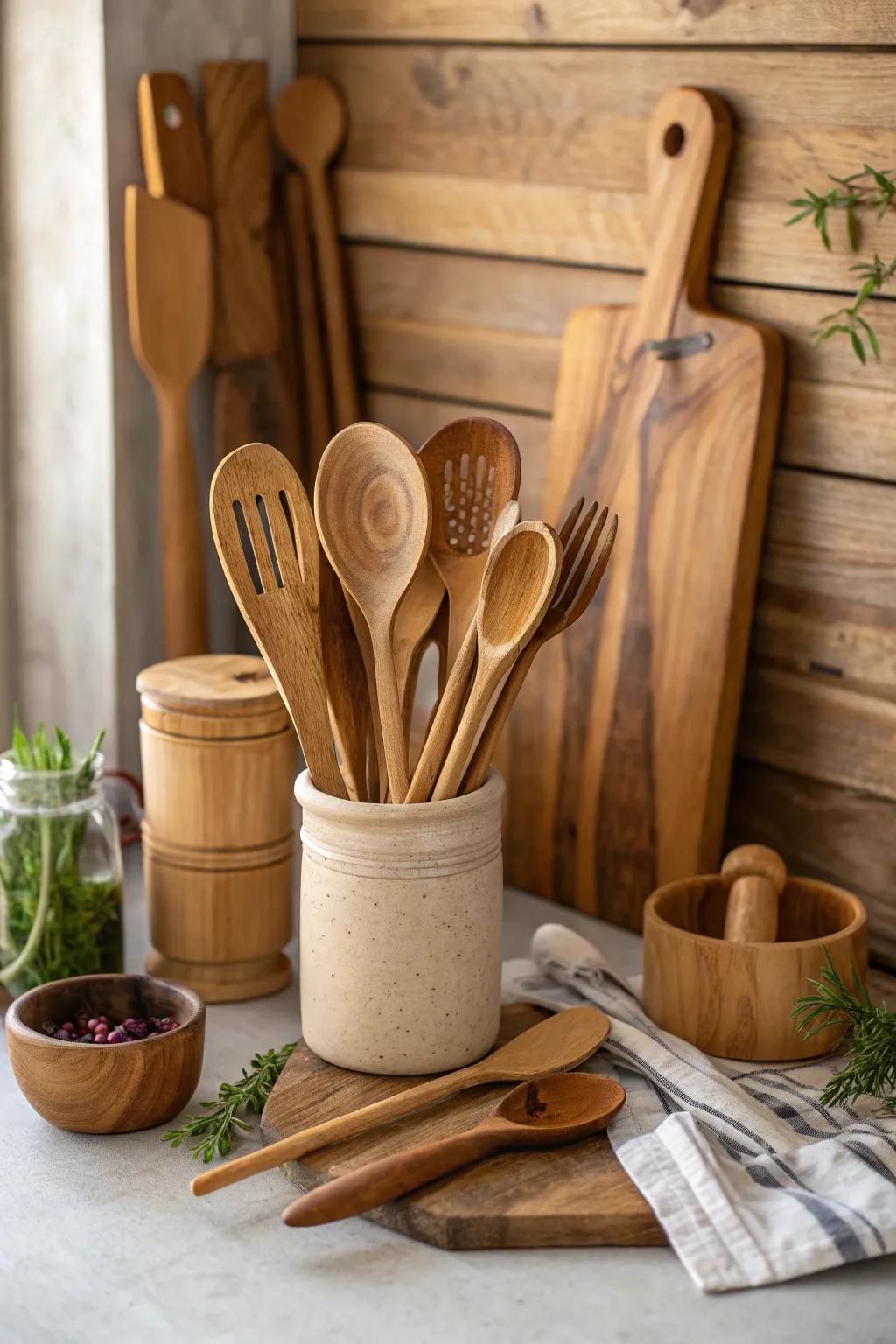 Enhance cooking with handcrafted wooden utensils.