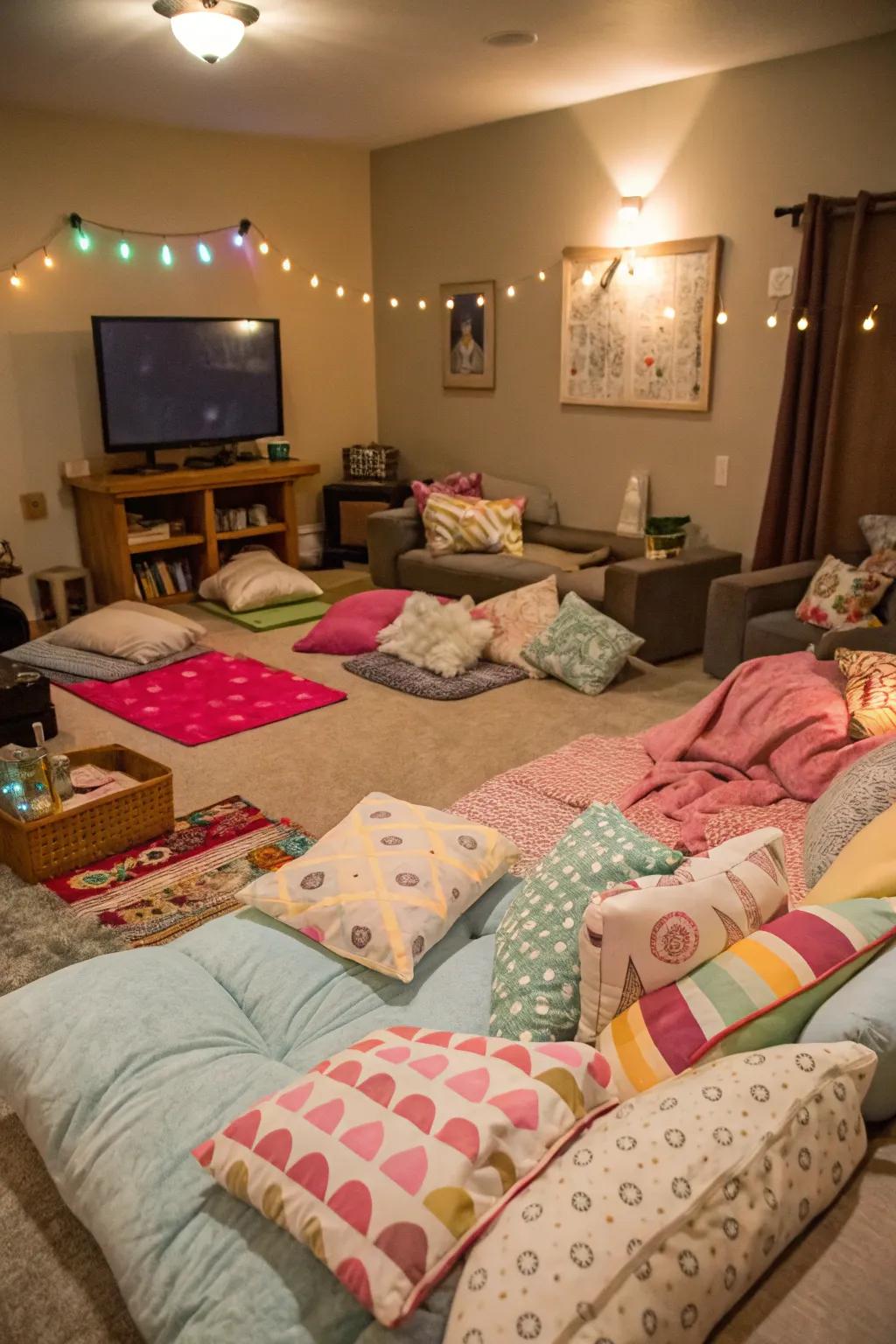 A cozy pajama party setup perfect for a relaxed birthday evening.