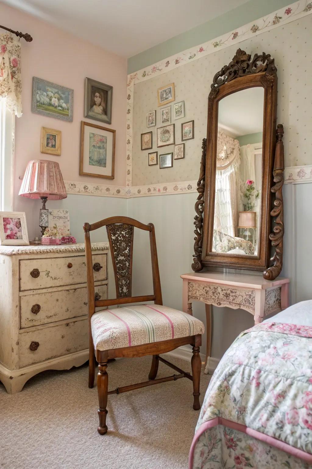 A girl's bedroom featuring vintage decor such as a thrifted chair and mirror.