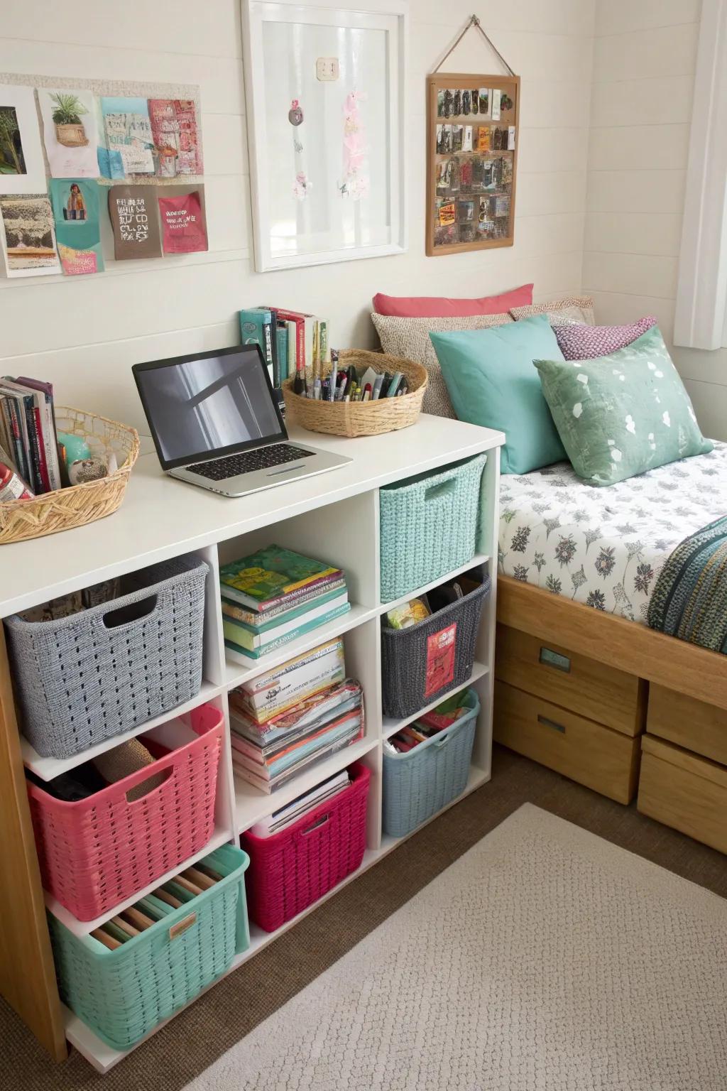 Baskets and bins help maintain a tidy and organized space.