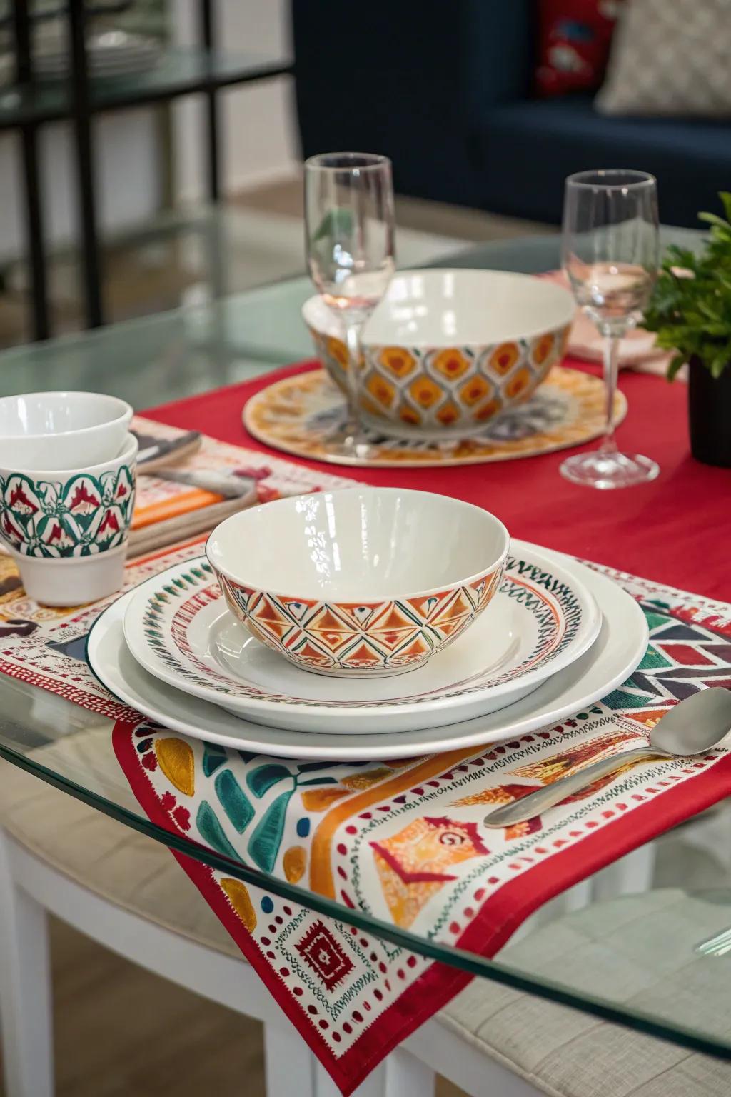 Bold patterns making a statement on a glass dining table.