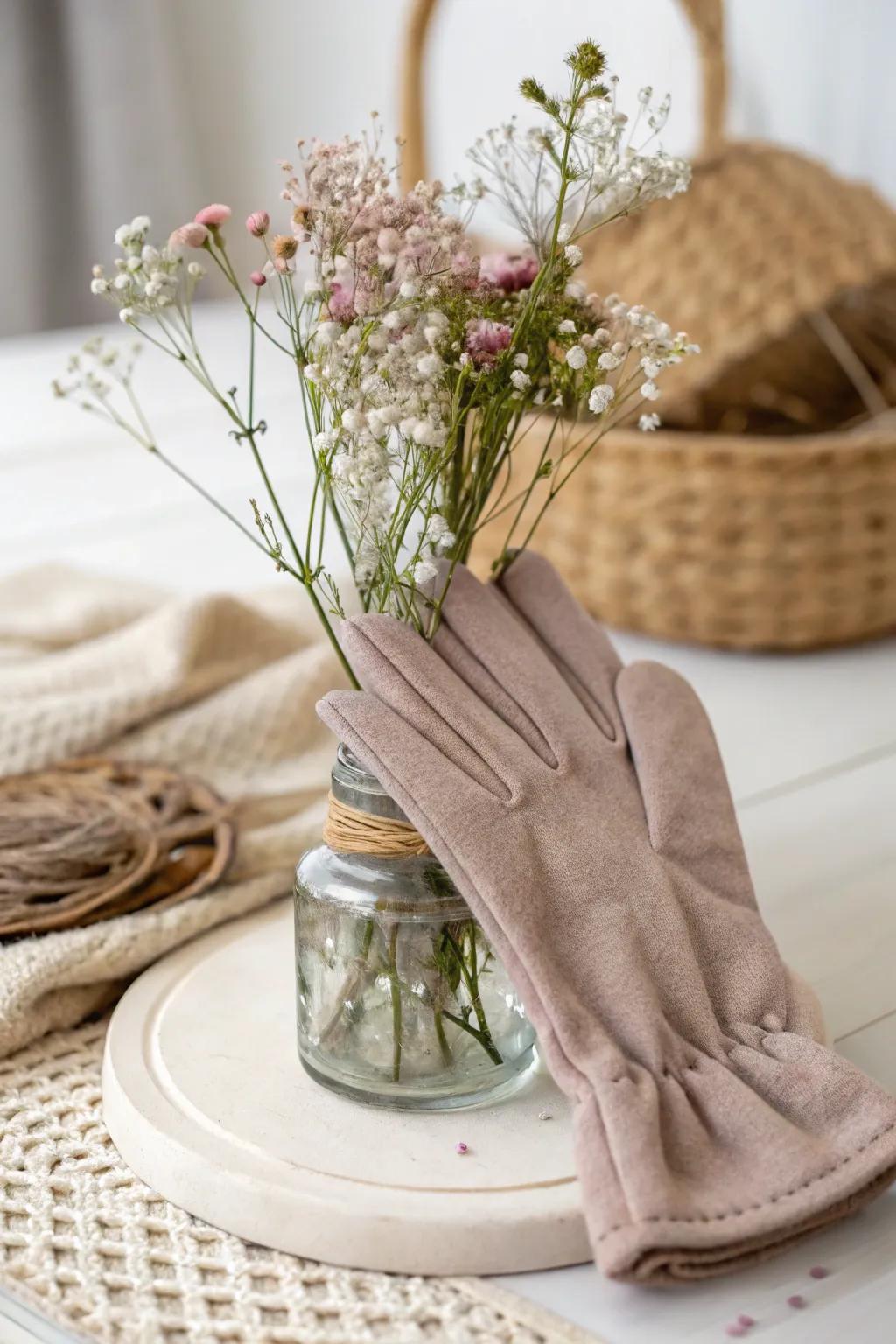 Transform everyday gloves into stunning vases for a touch of unexpected elegance.