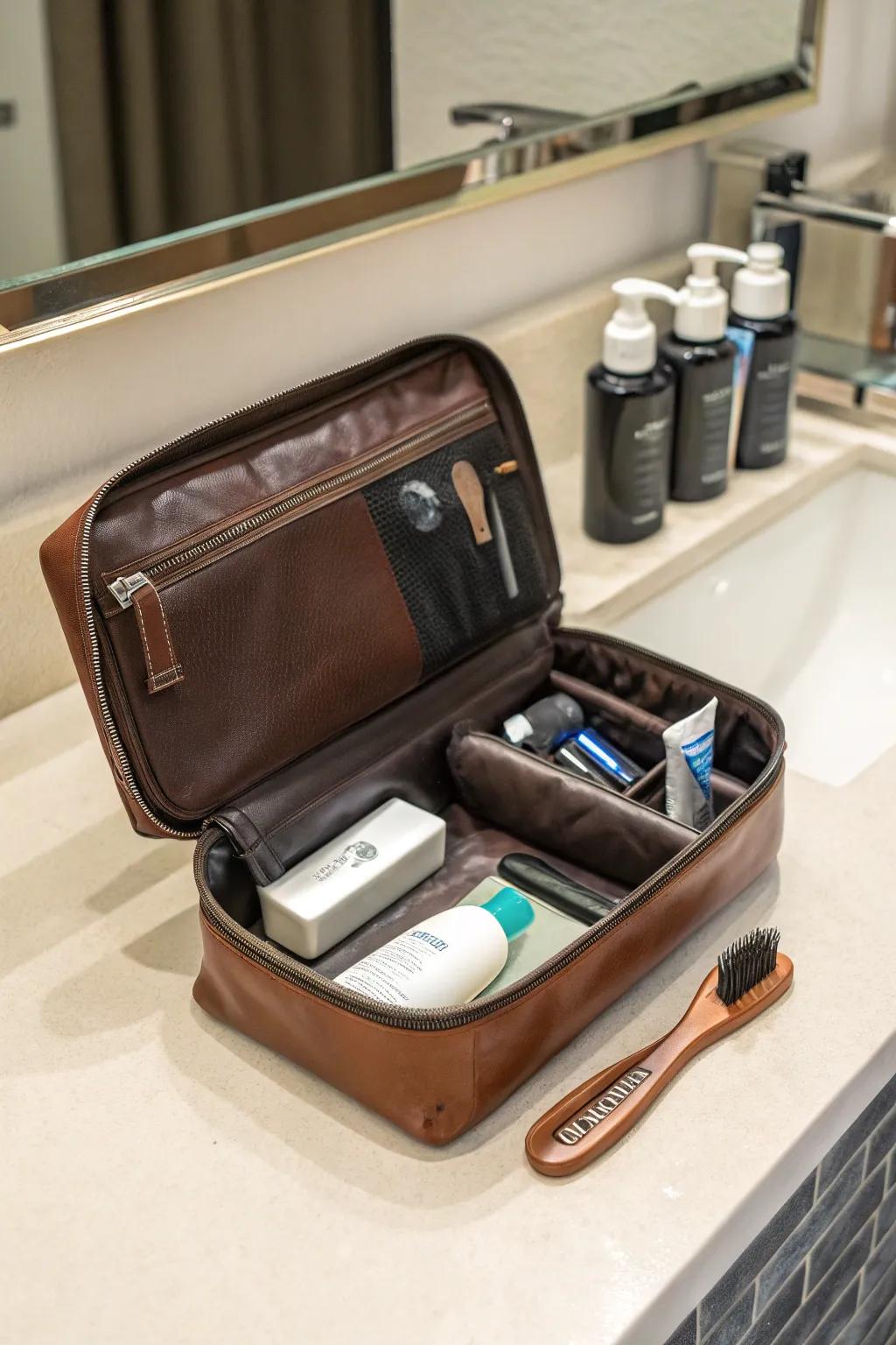 A leather toiletry bag for the traveling godfather.