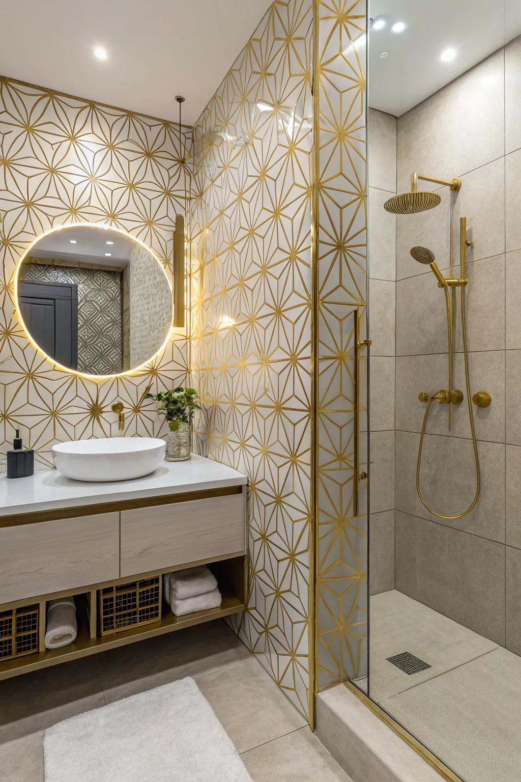 A bathroom with artistic geometric gold patterns.