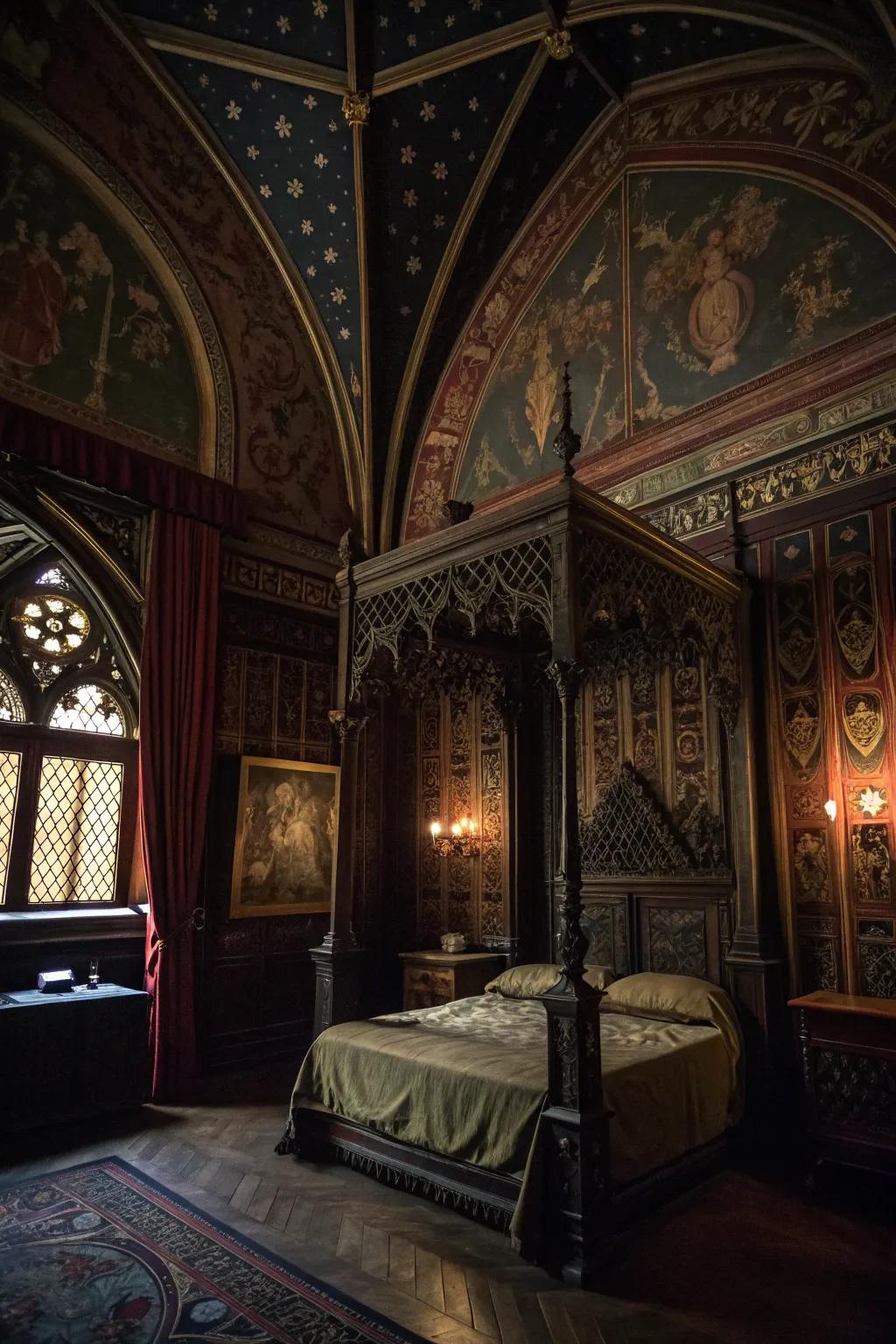 Gothic artwork enhances the room's depth and character.