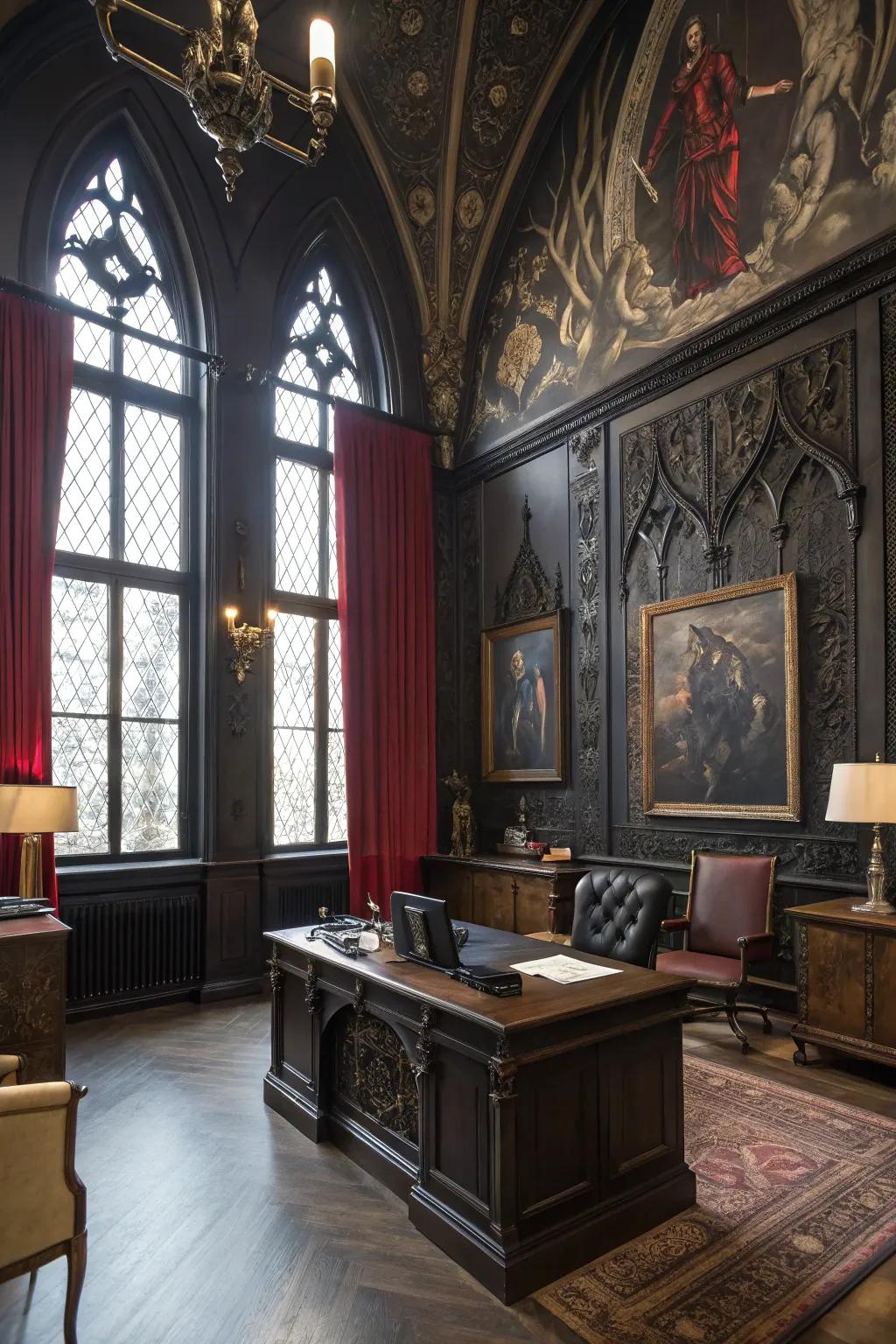 Bold wall art makes a dramatic statement in a Gothic office.