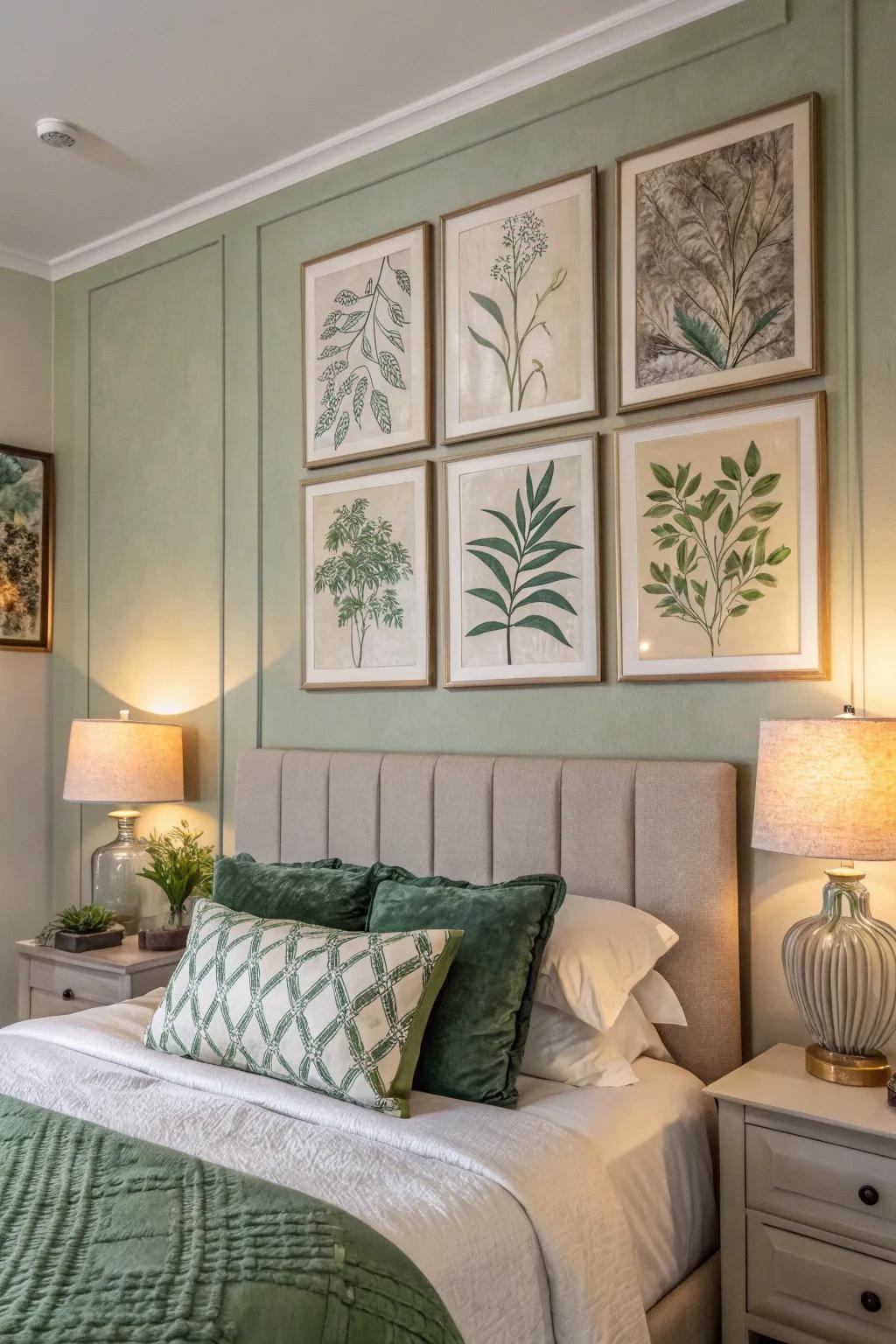 Artwork with green and cream tones serves as a harmonious focal point.