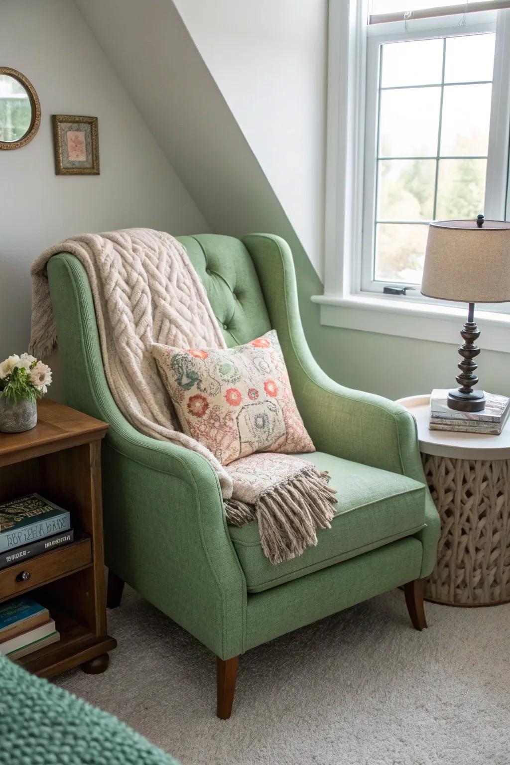 A green upholstered chair adds a stylish pop of color and comfort.