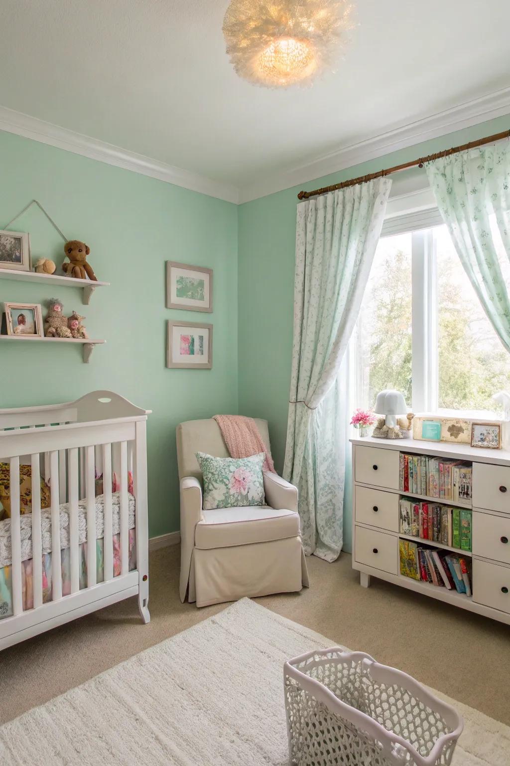 A peaceful nursery with mint green walls exuding elegance.