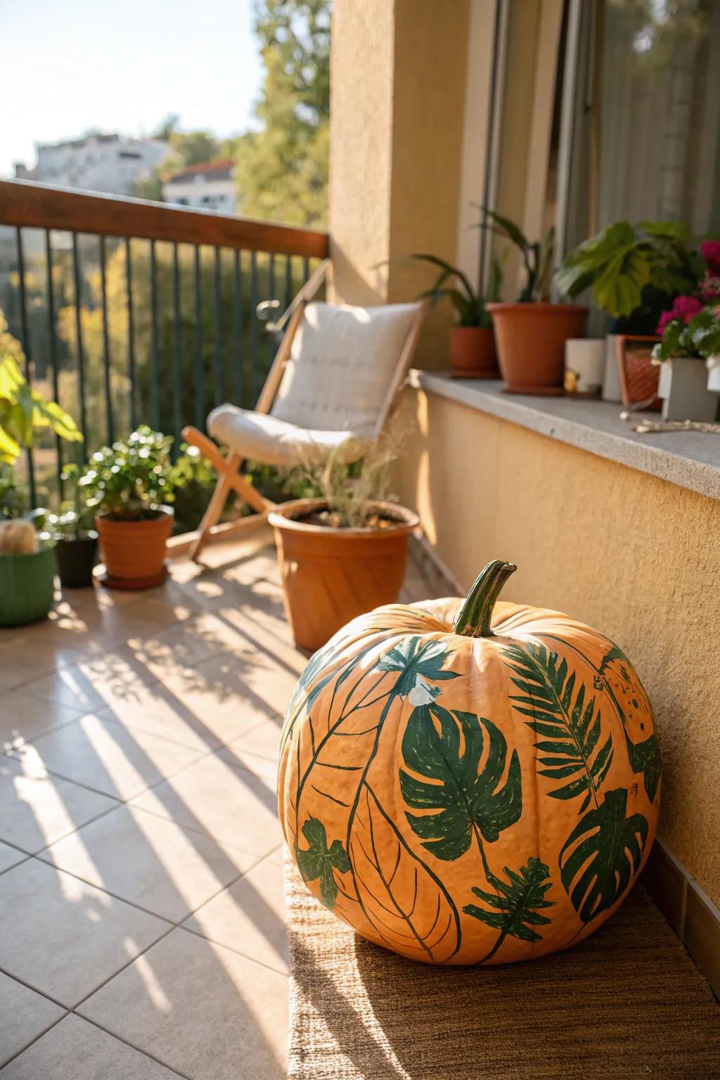 Tropical green leaf pumpkin bringing summer vibes to the balcony.