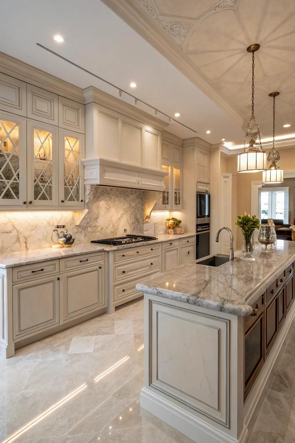 Beige and grey marble countertops add a luxurious touch to the kitchen.