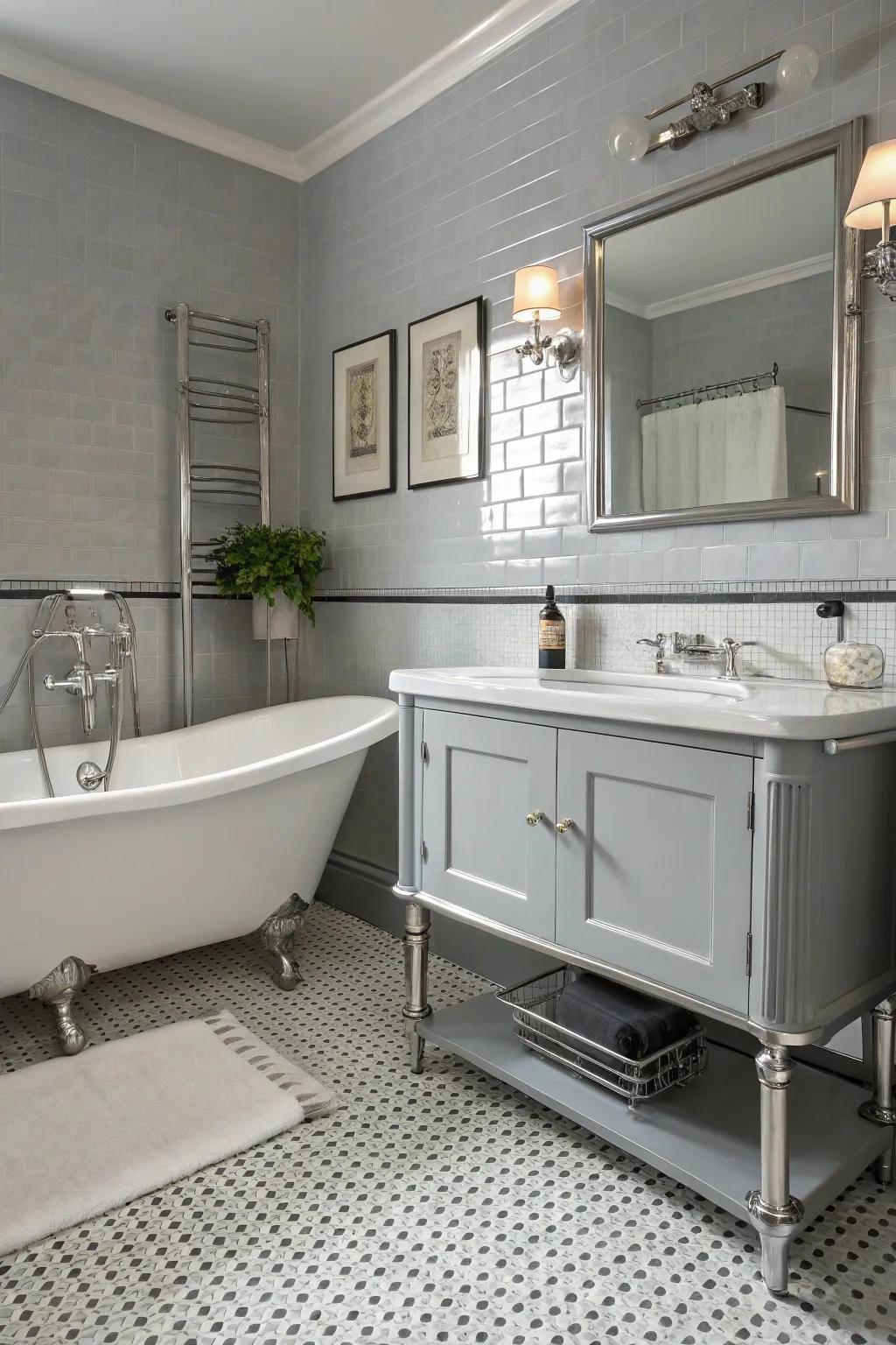 Pale gray and chrome create a timeless retro vibe in your bathroom.