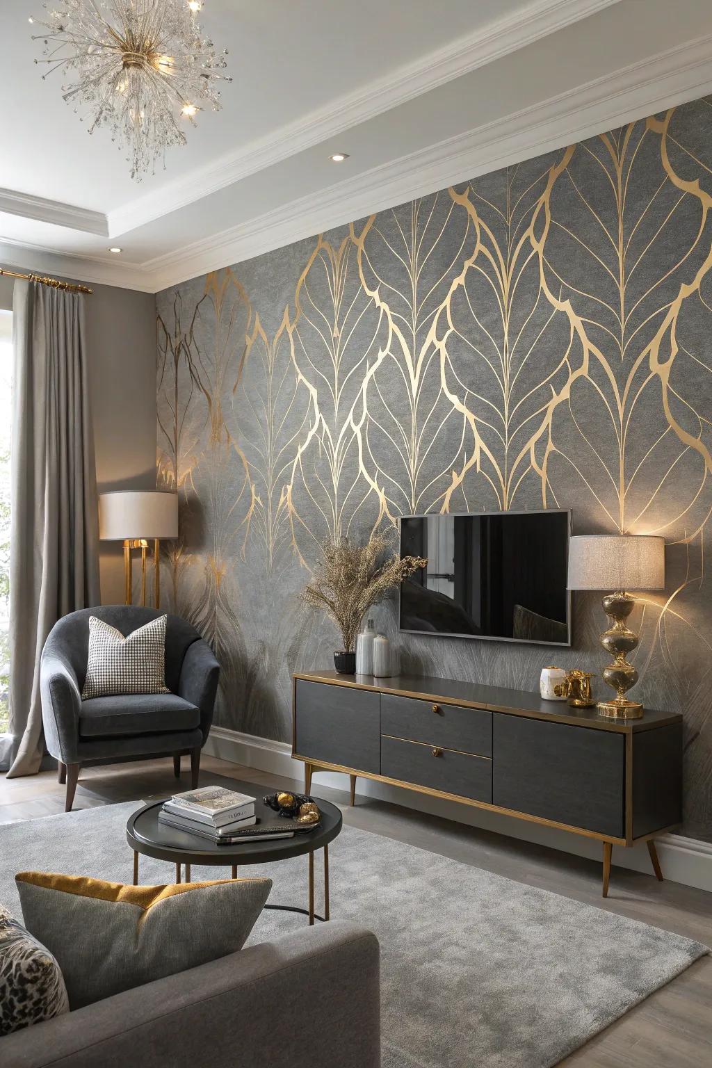 A feature wall with striking grey and gold wallpaper.