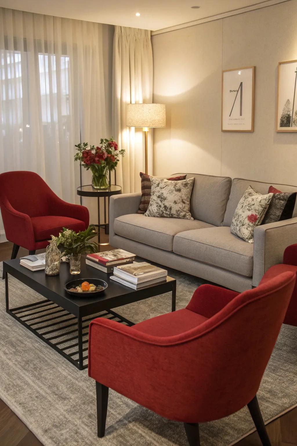 Red chairs add a vibrant pop of color to this living room.