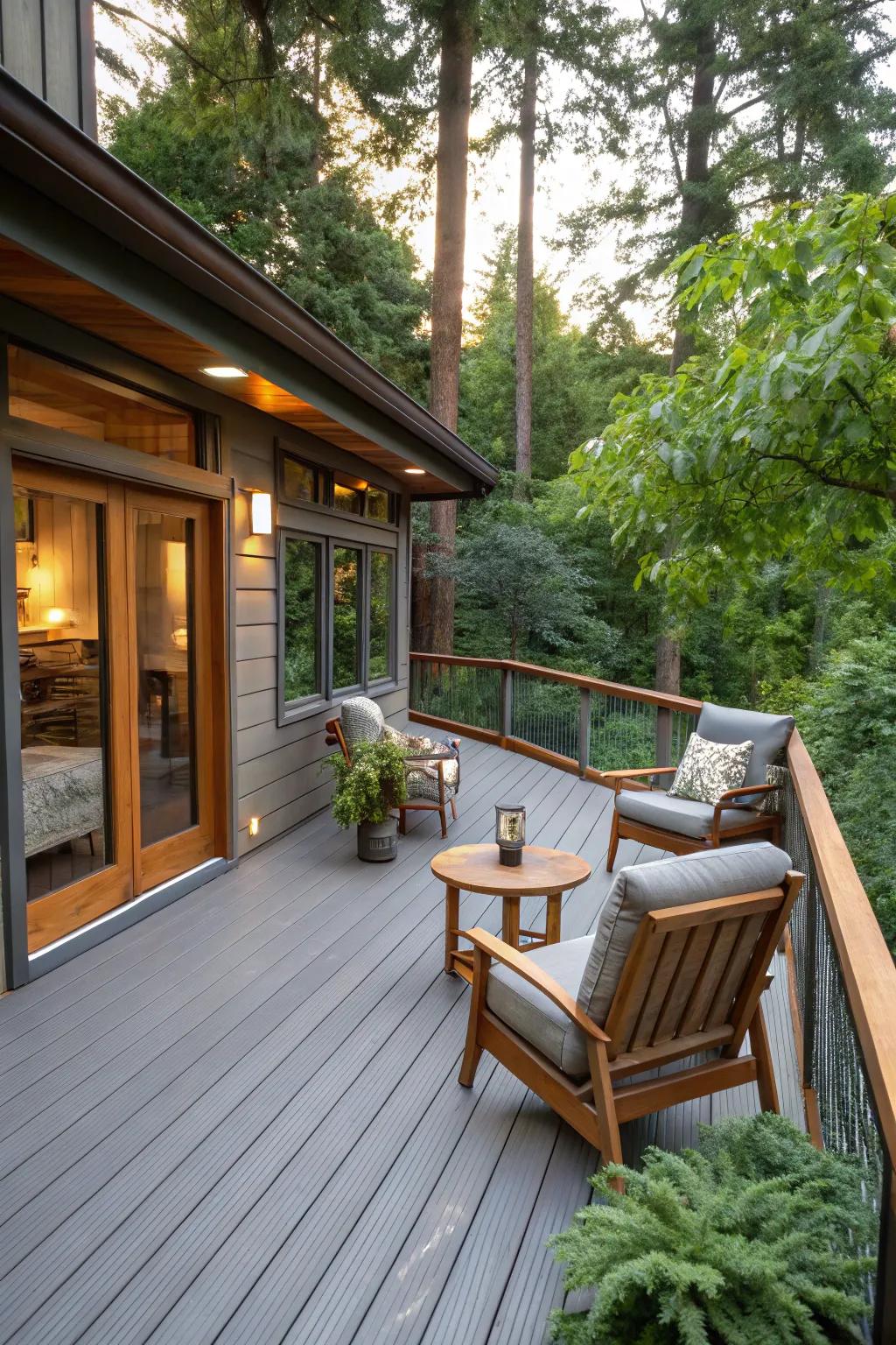 A grey deck featuring warm wood accents for a comfortable atmosphere.