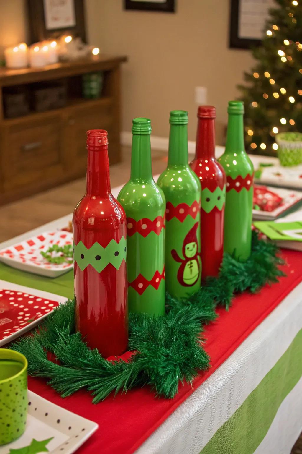 Red and green bottles adding height and interest to the Grinch-themed table.