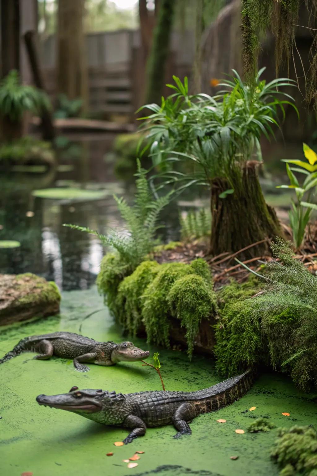 A mysterious swamp habitat diorama with murky waters and wildlife.