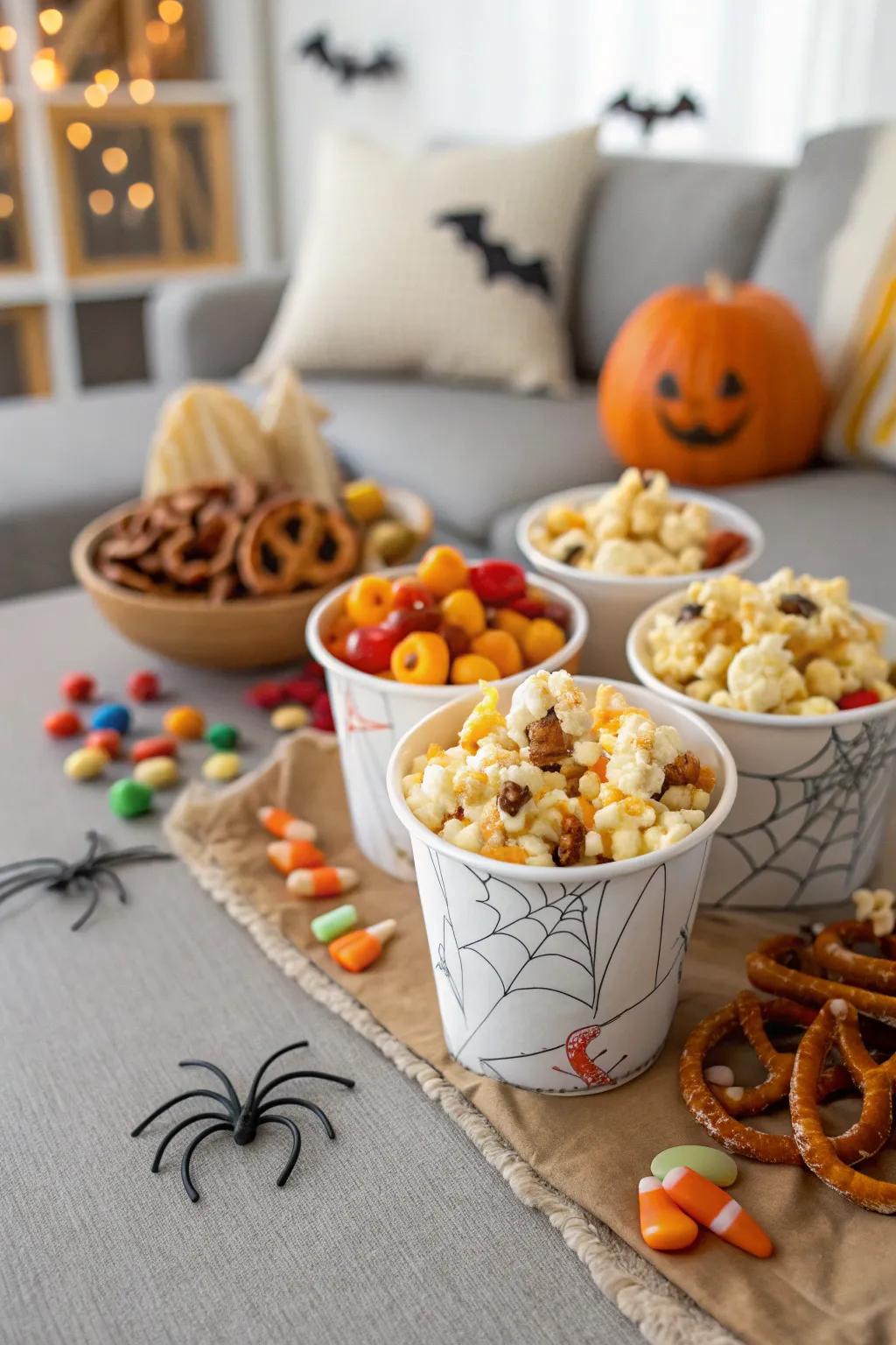 Monster munch cups ready for a spooky movie marathon.