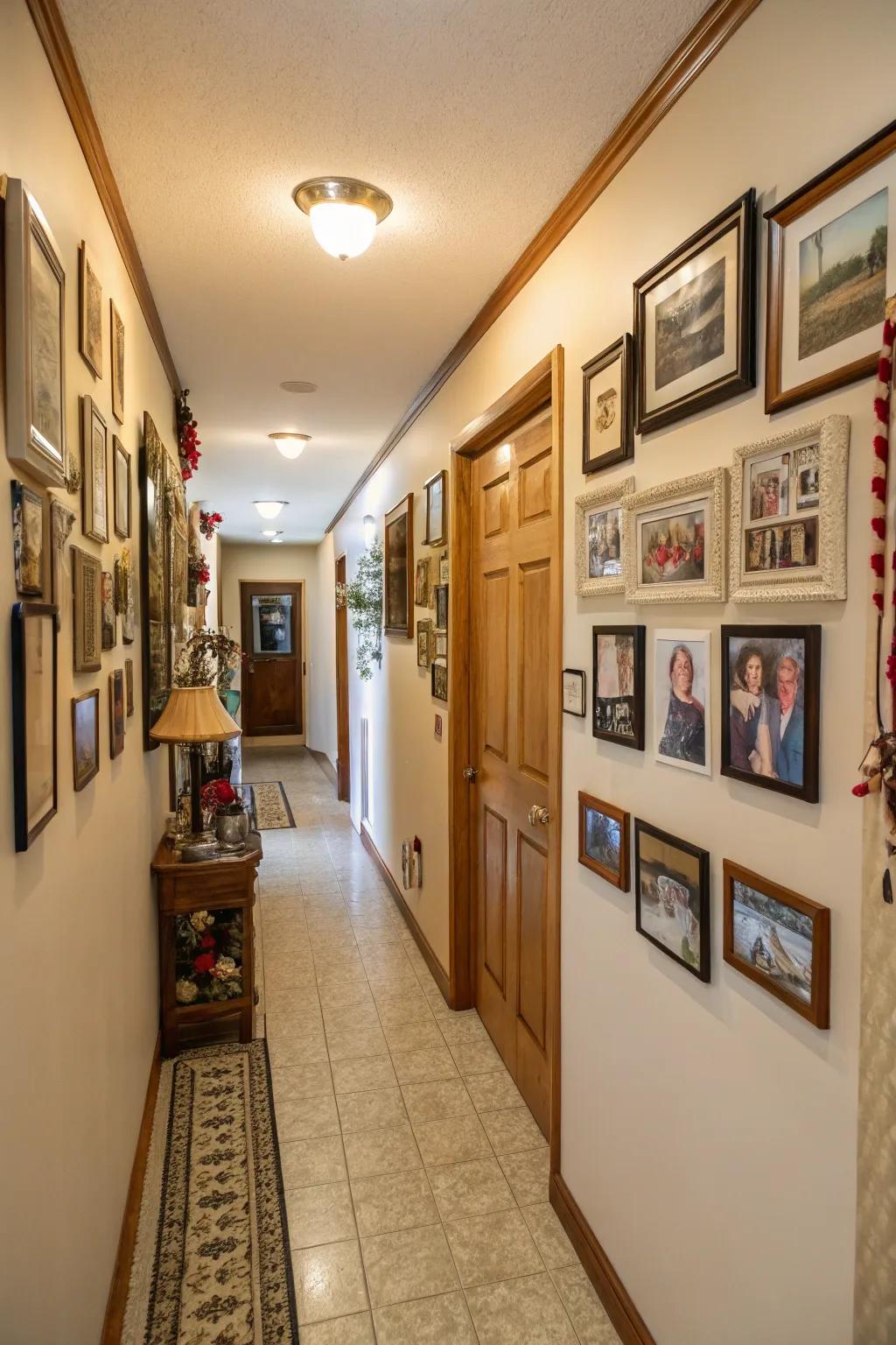 Personal touches like family photos add warmth and personality to the hallway.