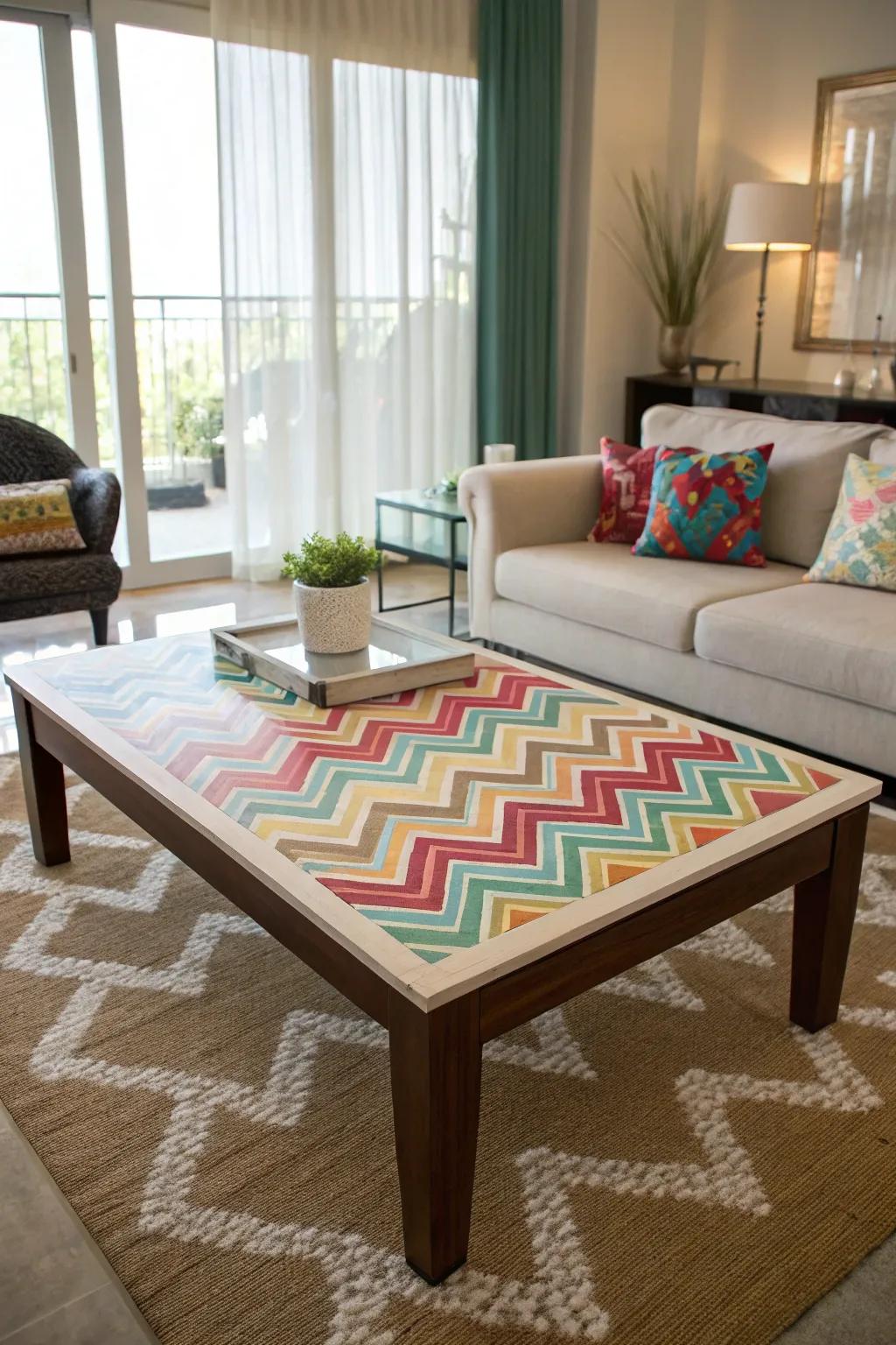 A patterned coffee table becomes a living room centerpiece.