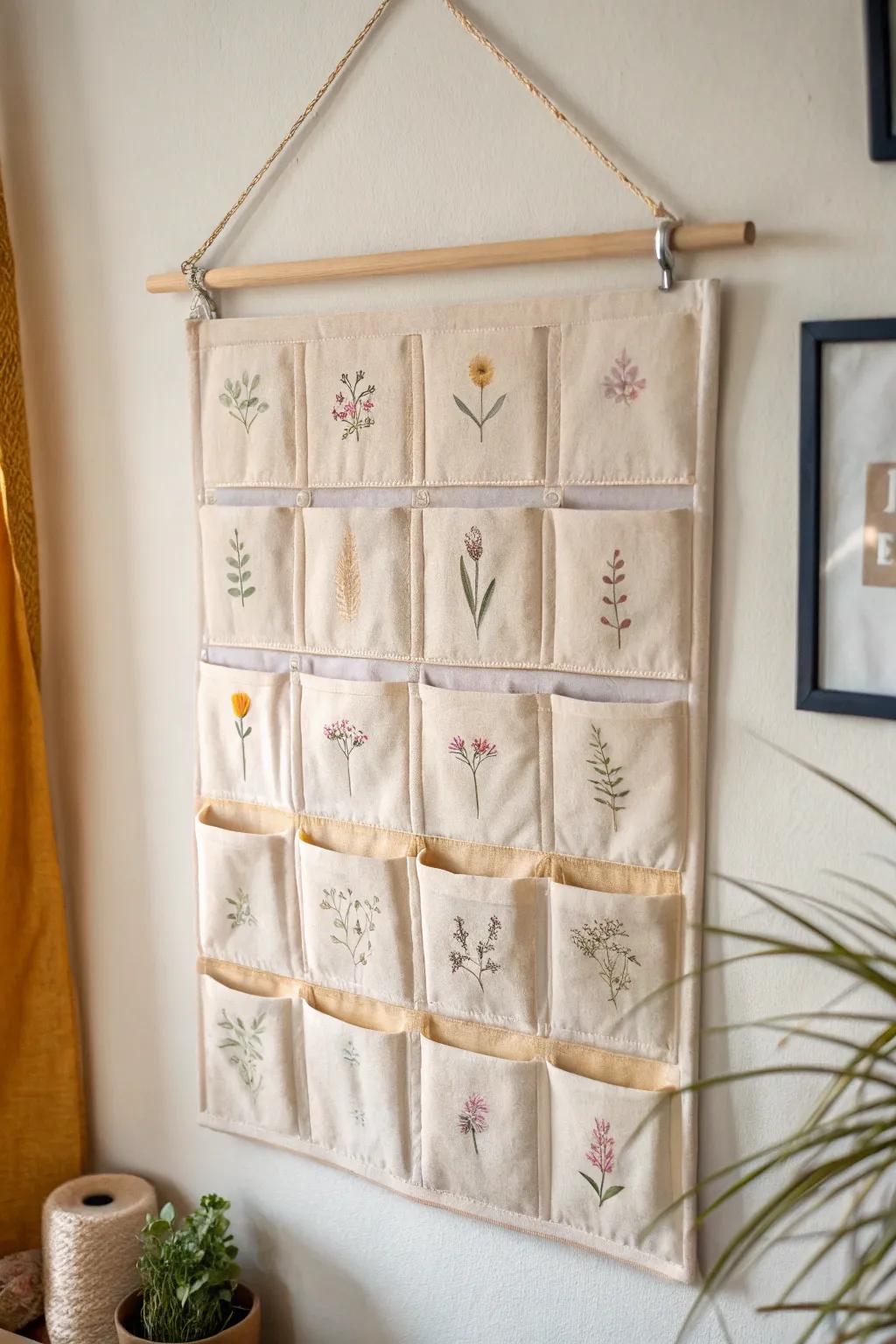 Discover the charm of simplicity with this handmade fabric pocket calendar, a perfect blend of minimalism and boho elegance for any classroom.