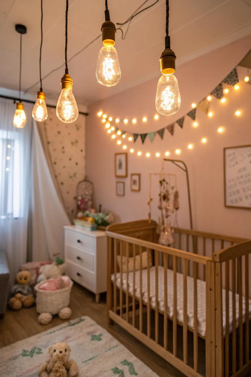 Edison bulbs add a whimsical touch to nurseries.