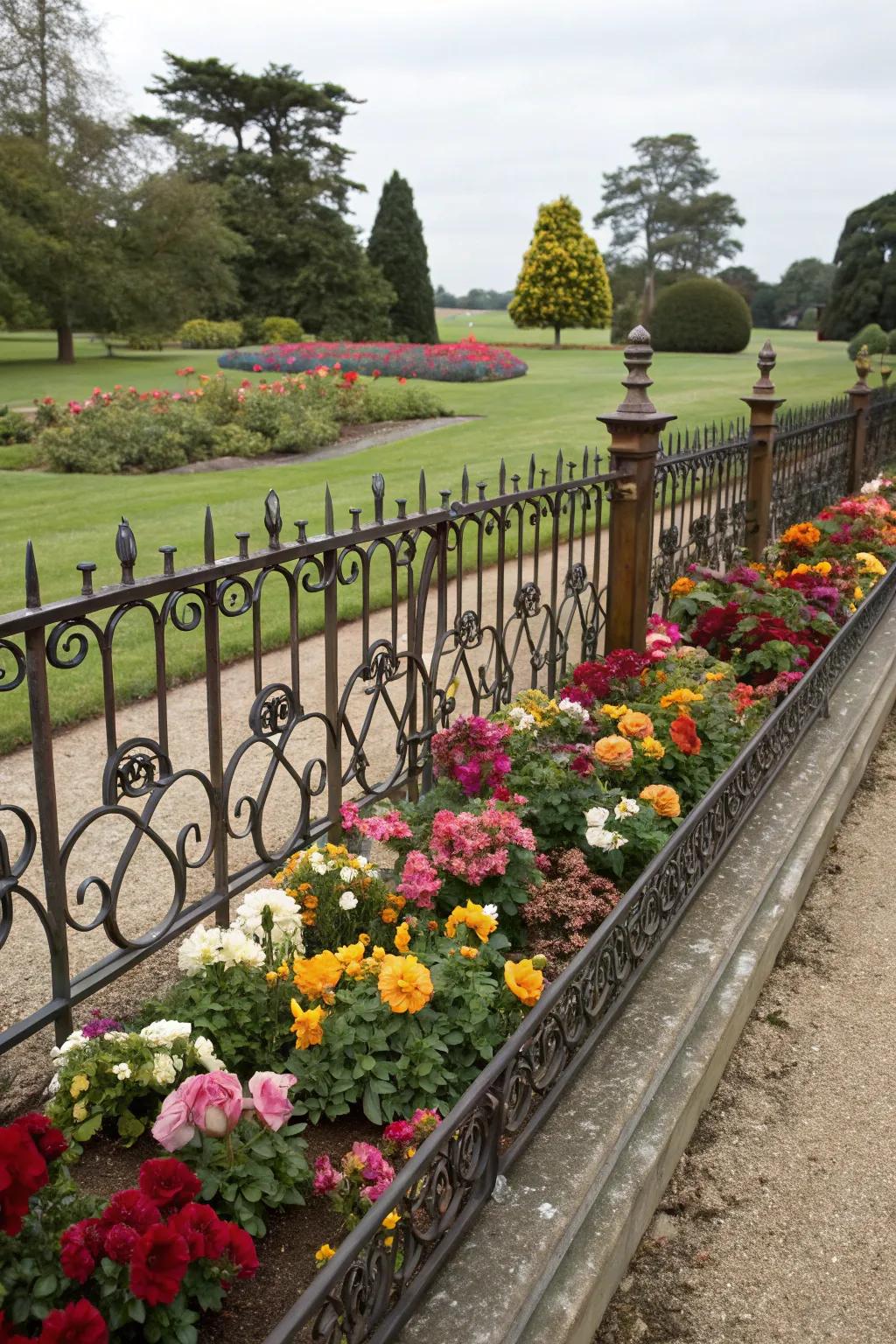 Wrought iron fencing adds elegance and protection.