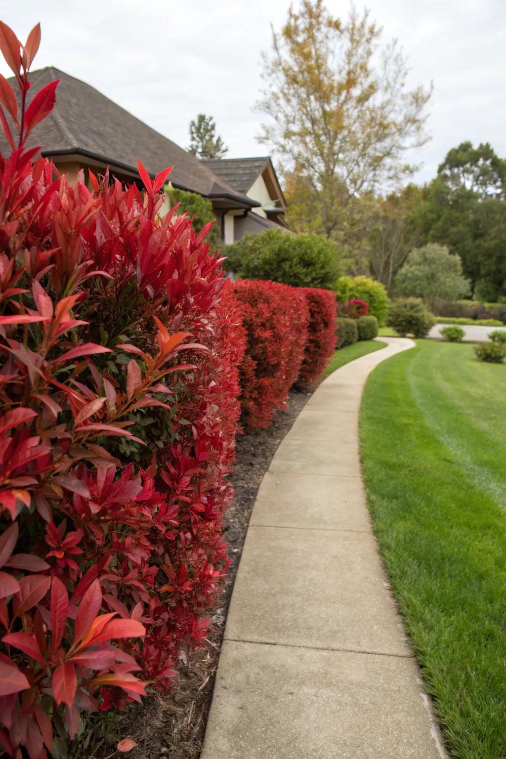 Dramatic red tip photinia hedges with vibrant new growth.