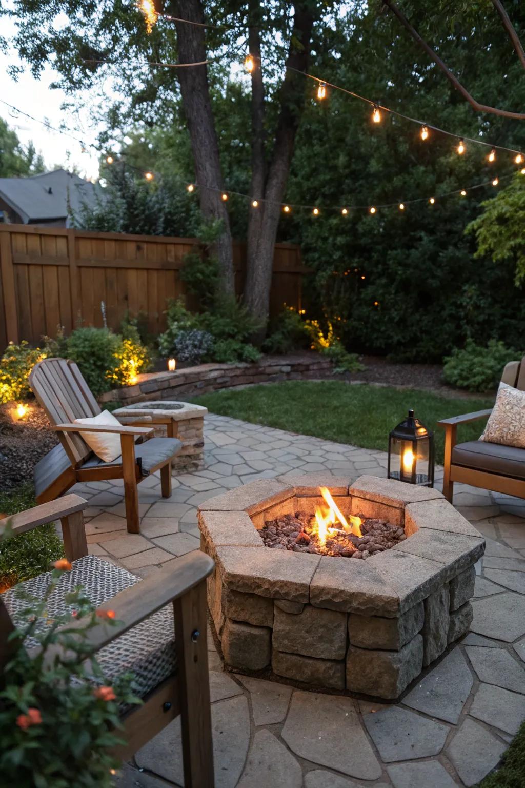 A hexagon fire pit becomes a cozy outdoor focal point.