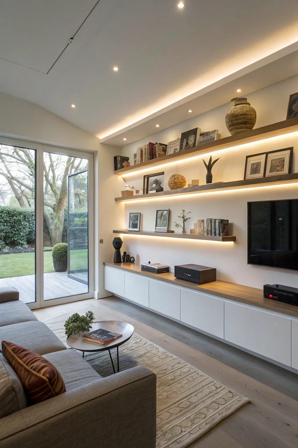 A modern living room with floating shelves featuring hidden lighting.