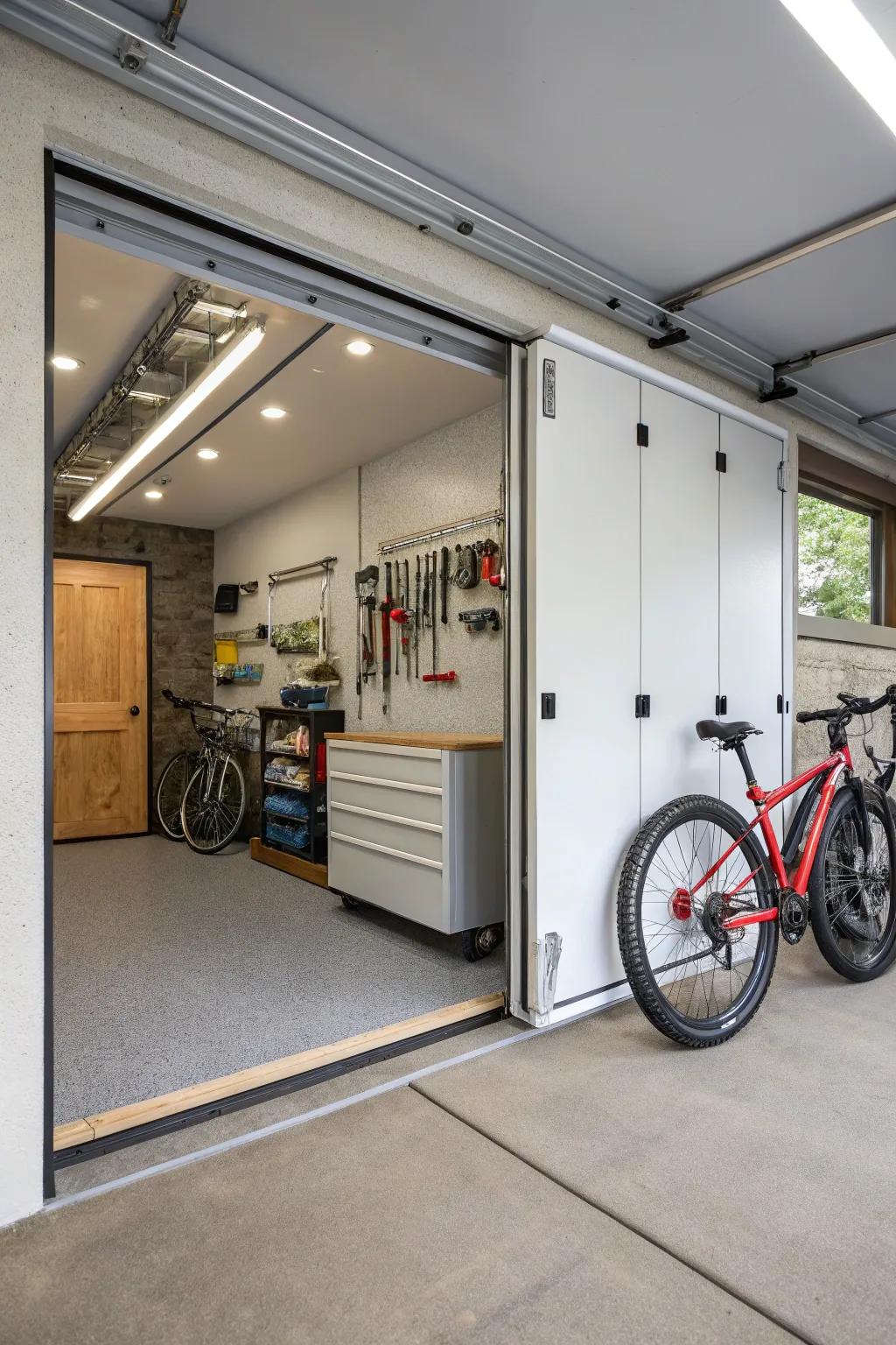 A hidden pocket door in the garage provides extra storage.