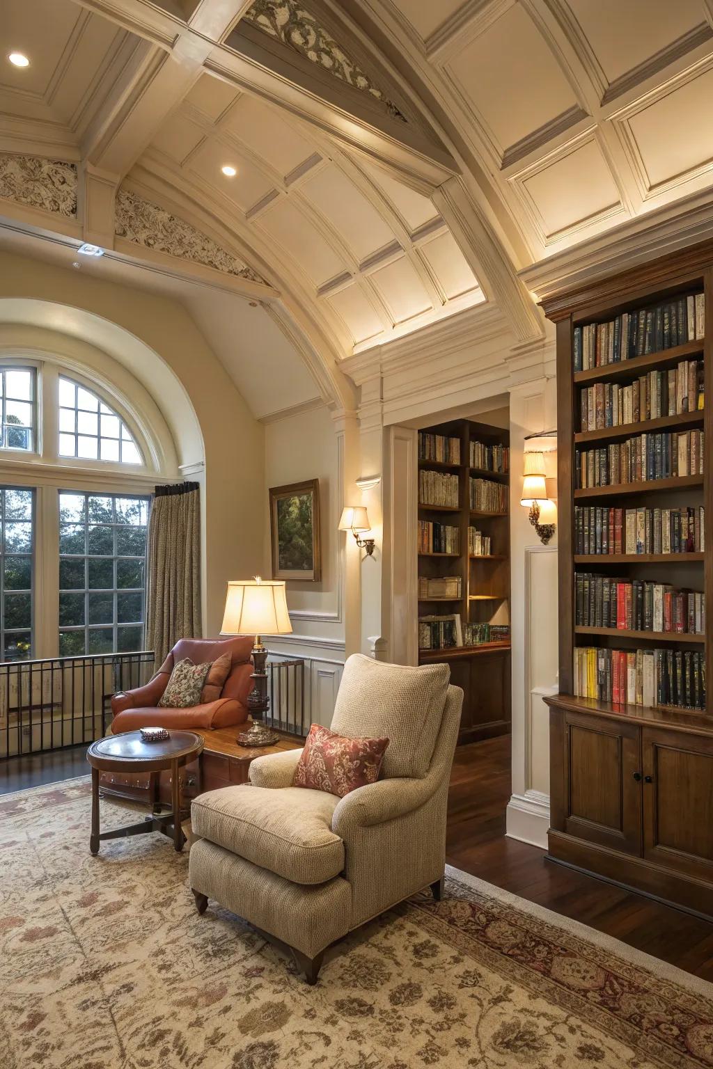 Cozy corners offer a retreat in high-ceilinged living rooms.