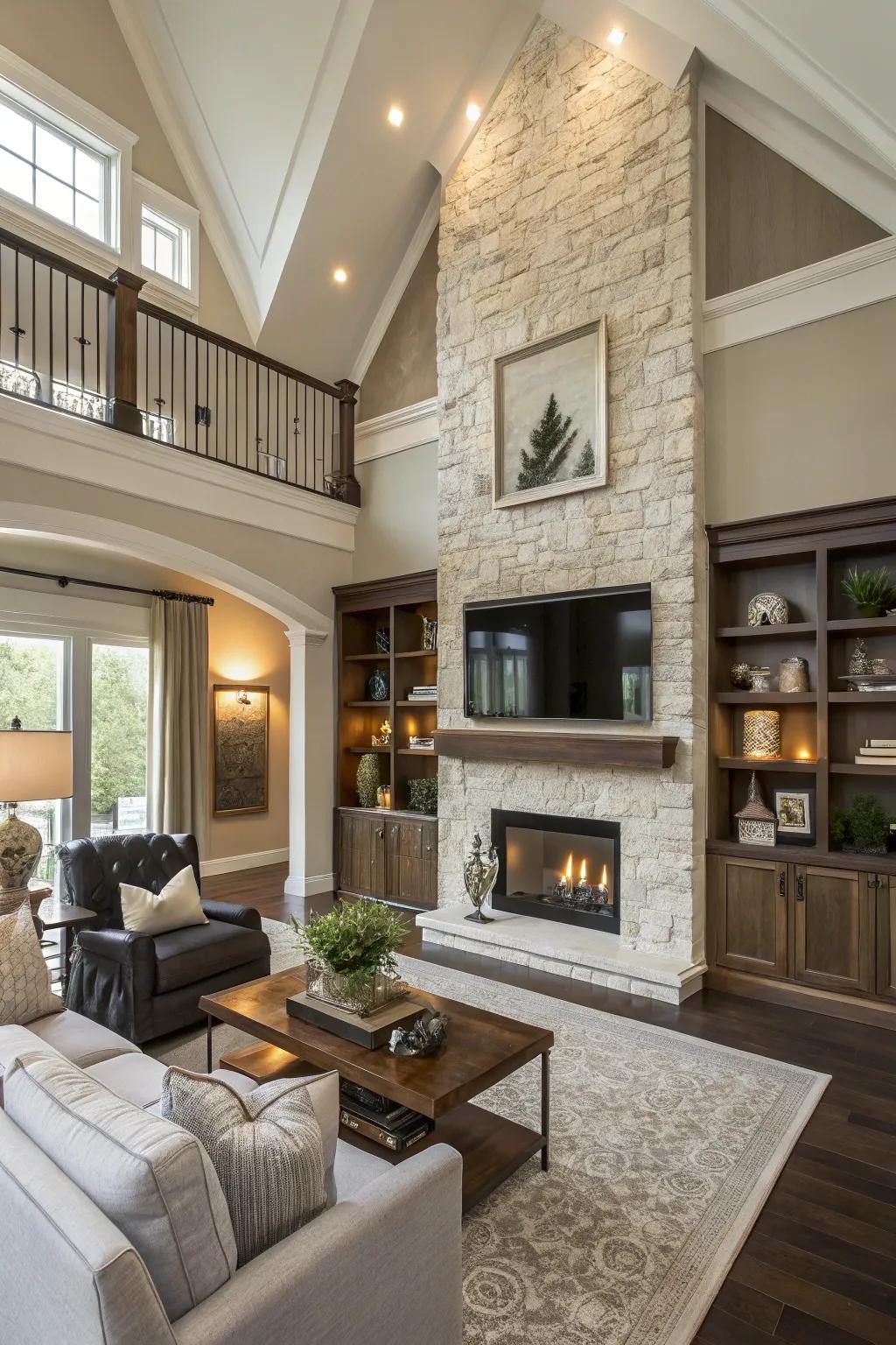 Maximizing space with functional features above a two-story fireplace.