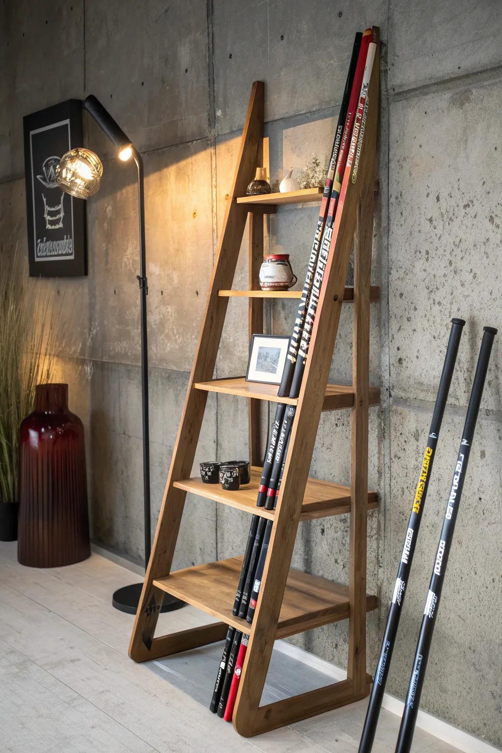 Elevate your space with a hockey stick ladder shelf – where sport meets style.
