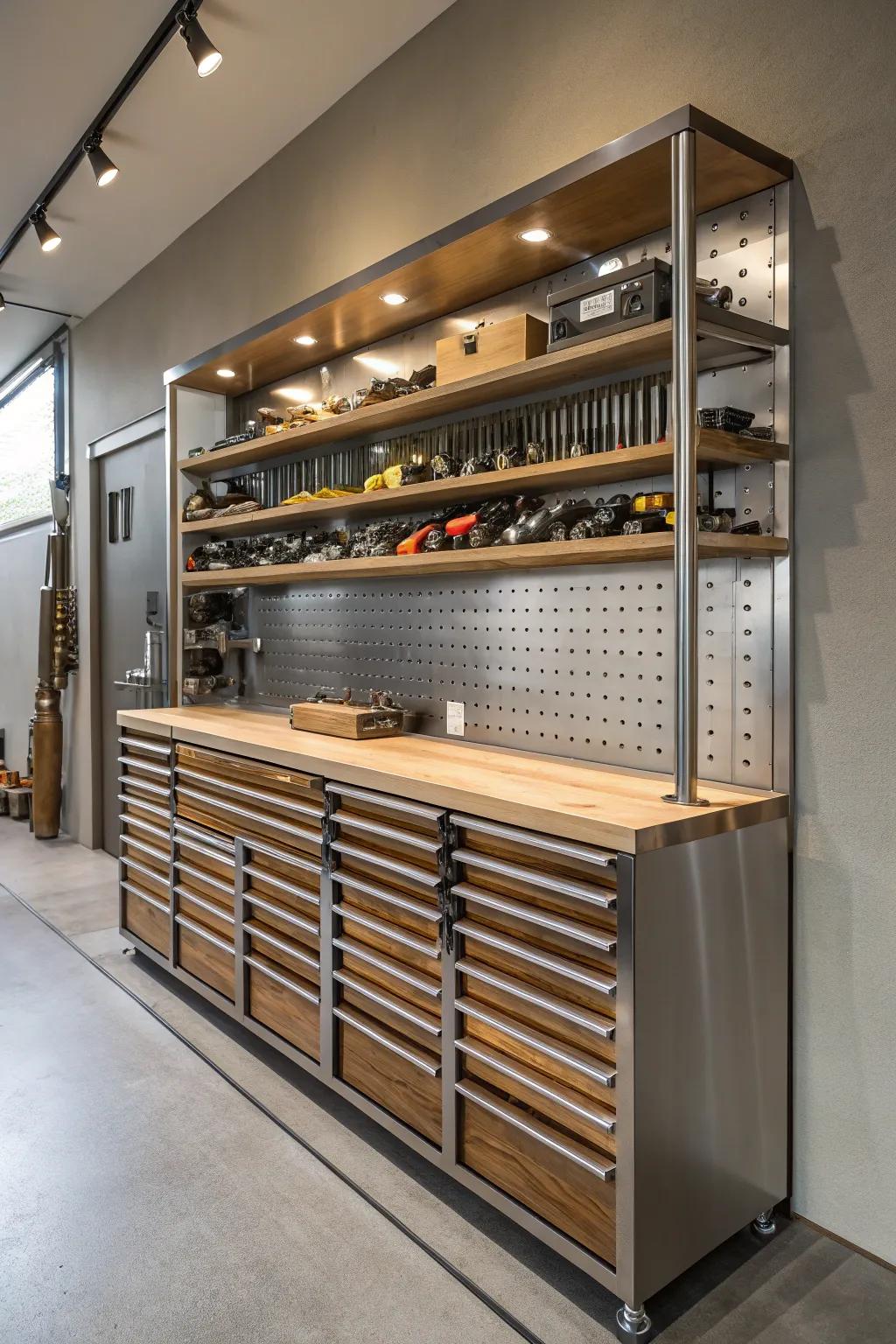 Elevate your workshop with adjustable shelving for a dynamic and organized tool display.