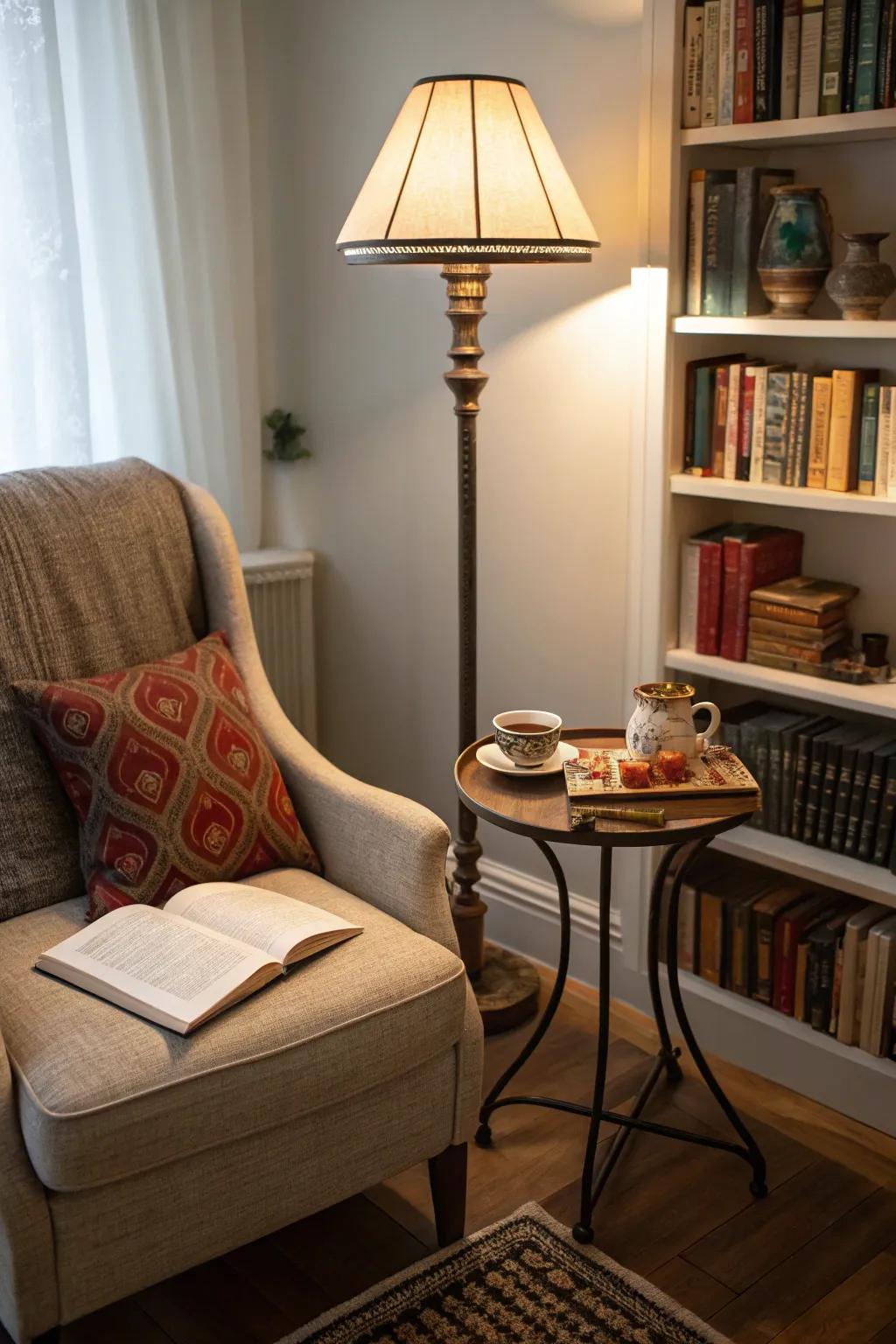 A cozy corner illuminated by a charming table lamp.