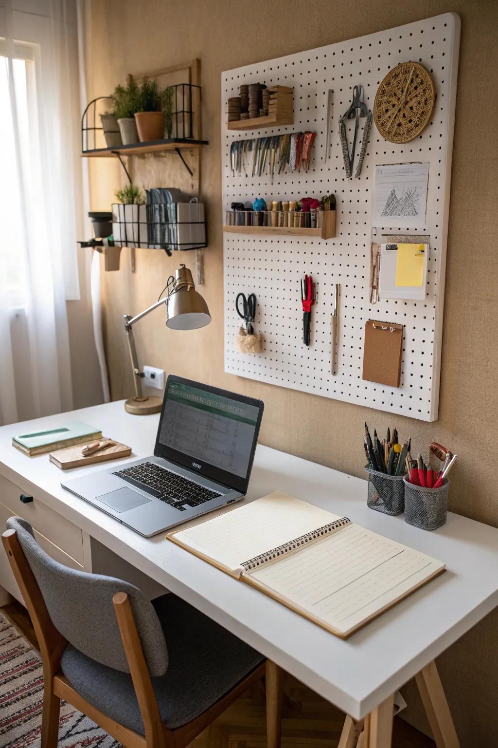 Pegboards offer customizable and practical desk organization.