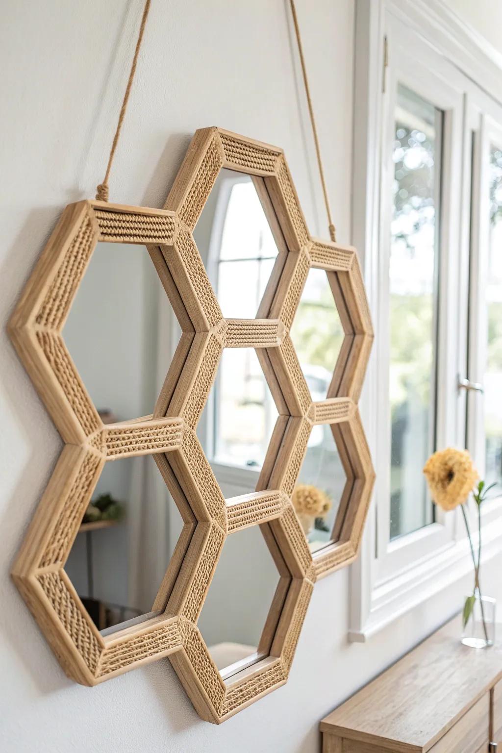 Transform your space with the elegance of a handcrafted honeycomb mirror frame. 🌿✨ #ScandinavianStyle #BohoChic