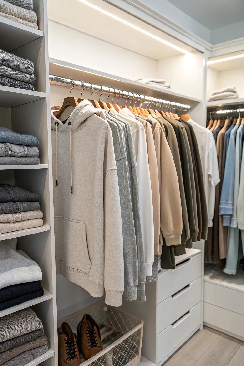 Closet rod dividers keep your hoodies organized and easily accessible.