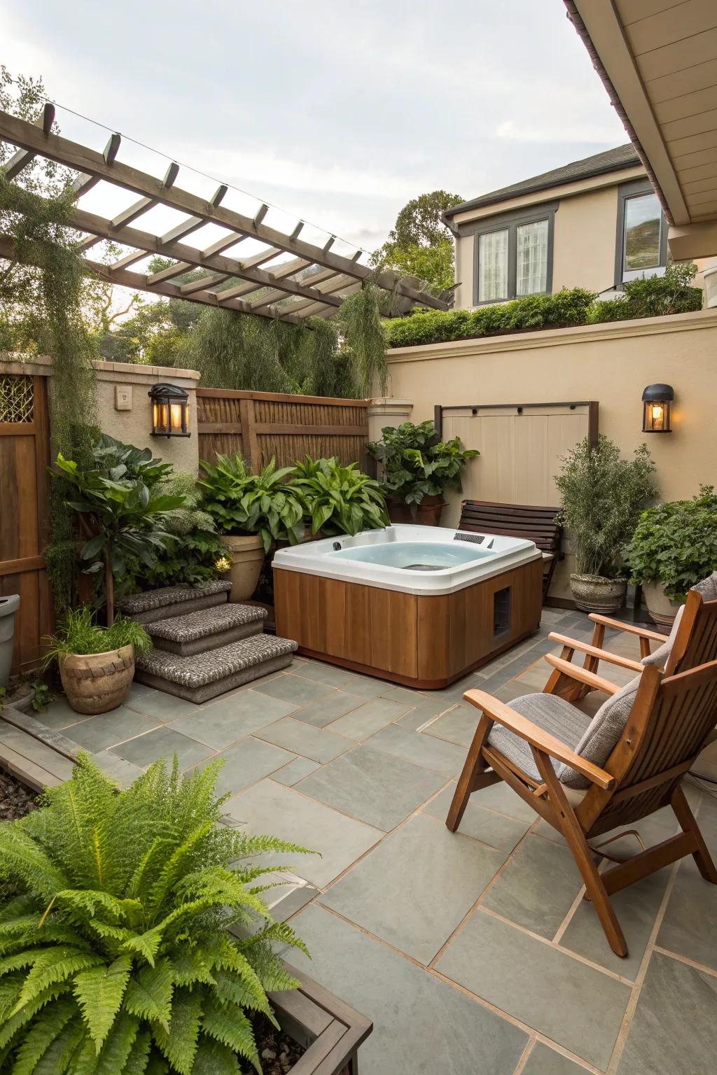 A cohesive color palette creates visual harmony in your hot tub patio.