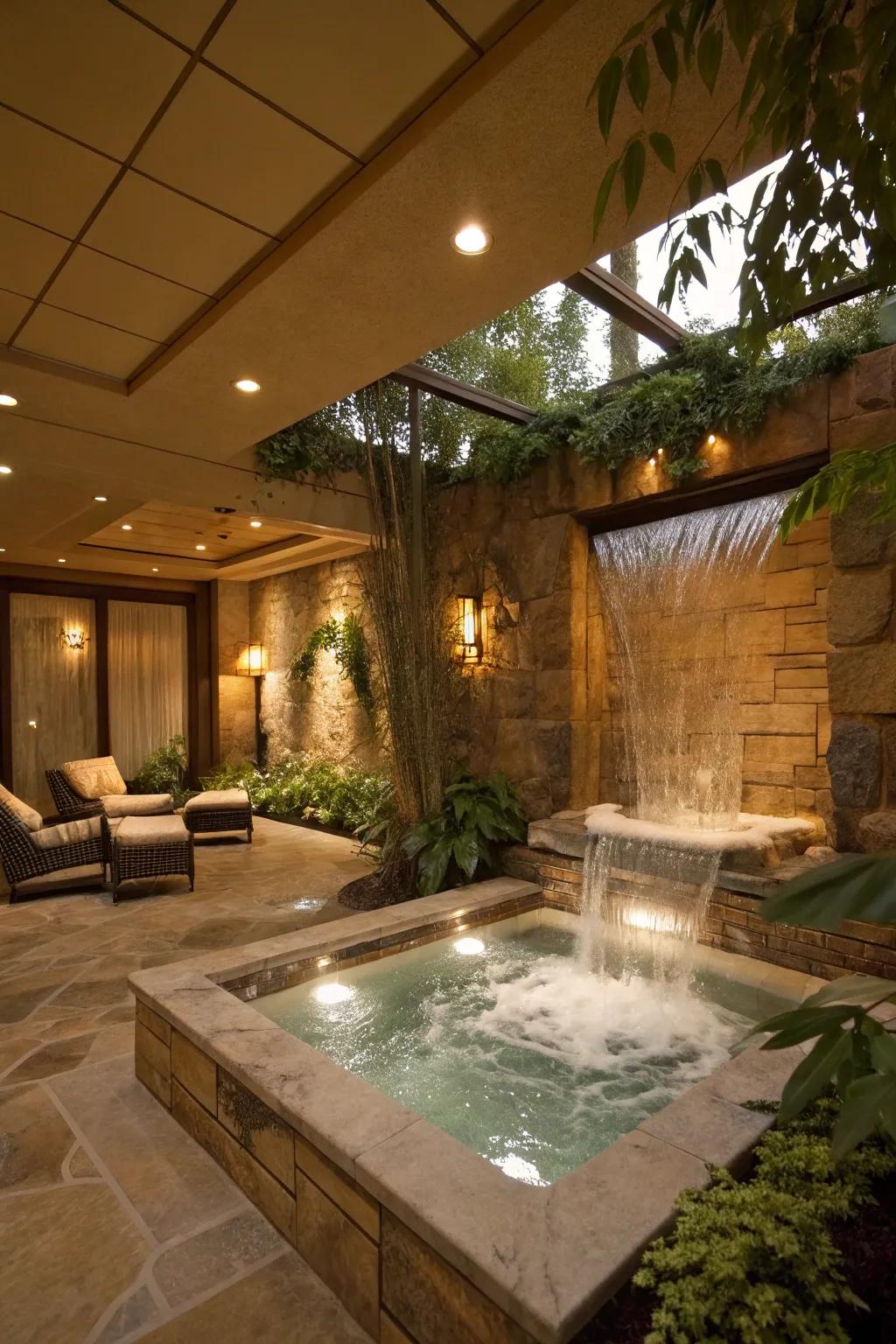 A hot tub room enhanced with tranquil water features.