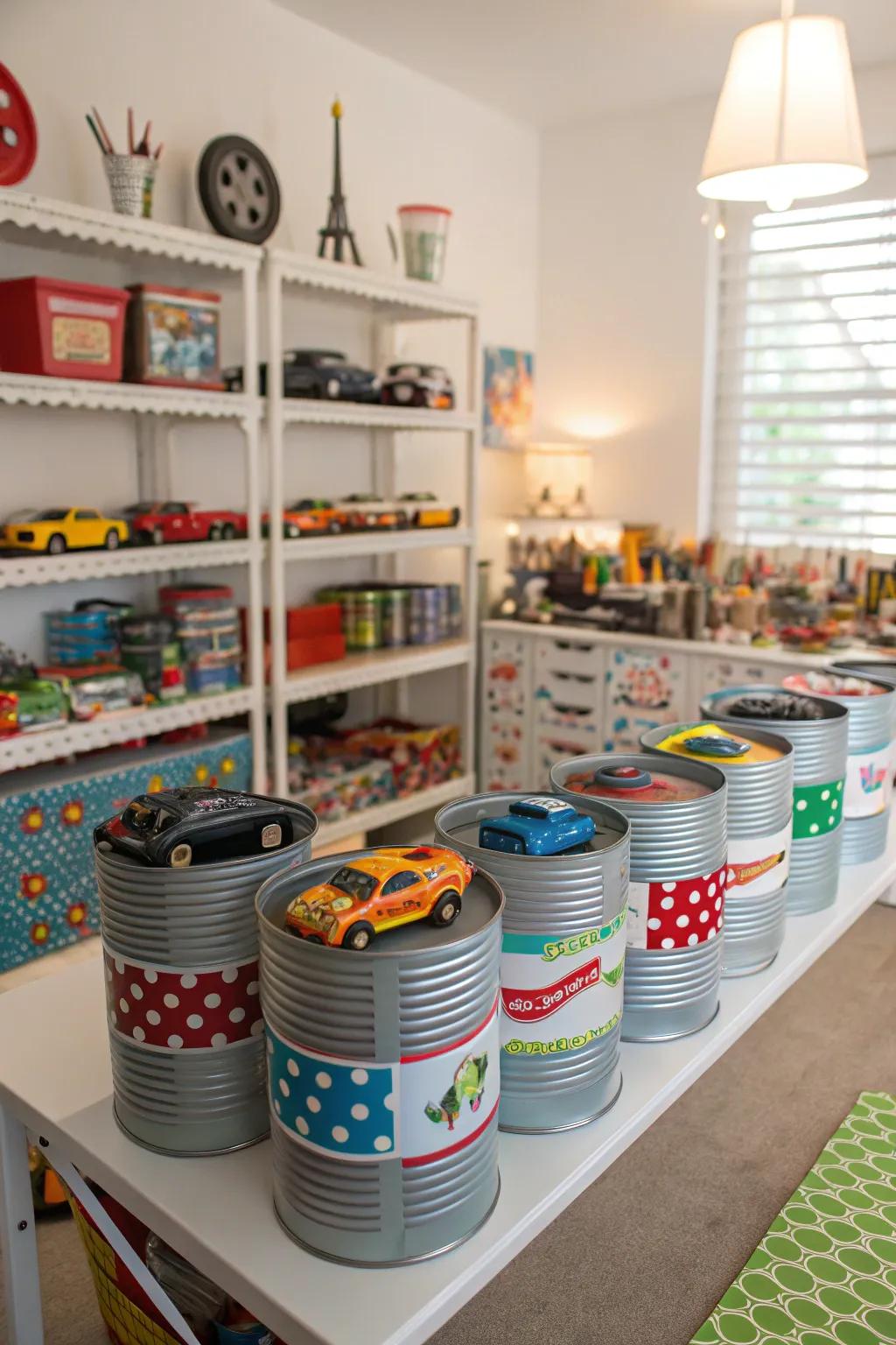 Upcycled tin cans offer creative Hot Wheels storage.