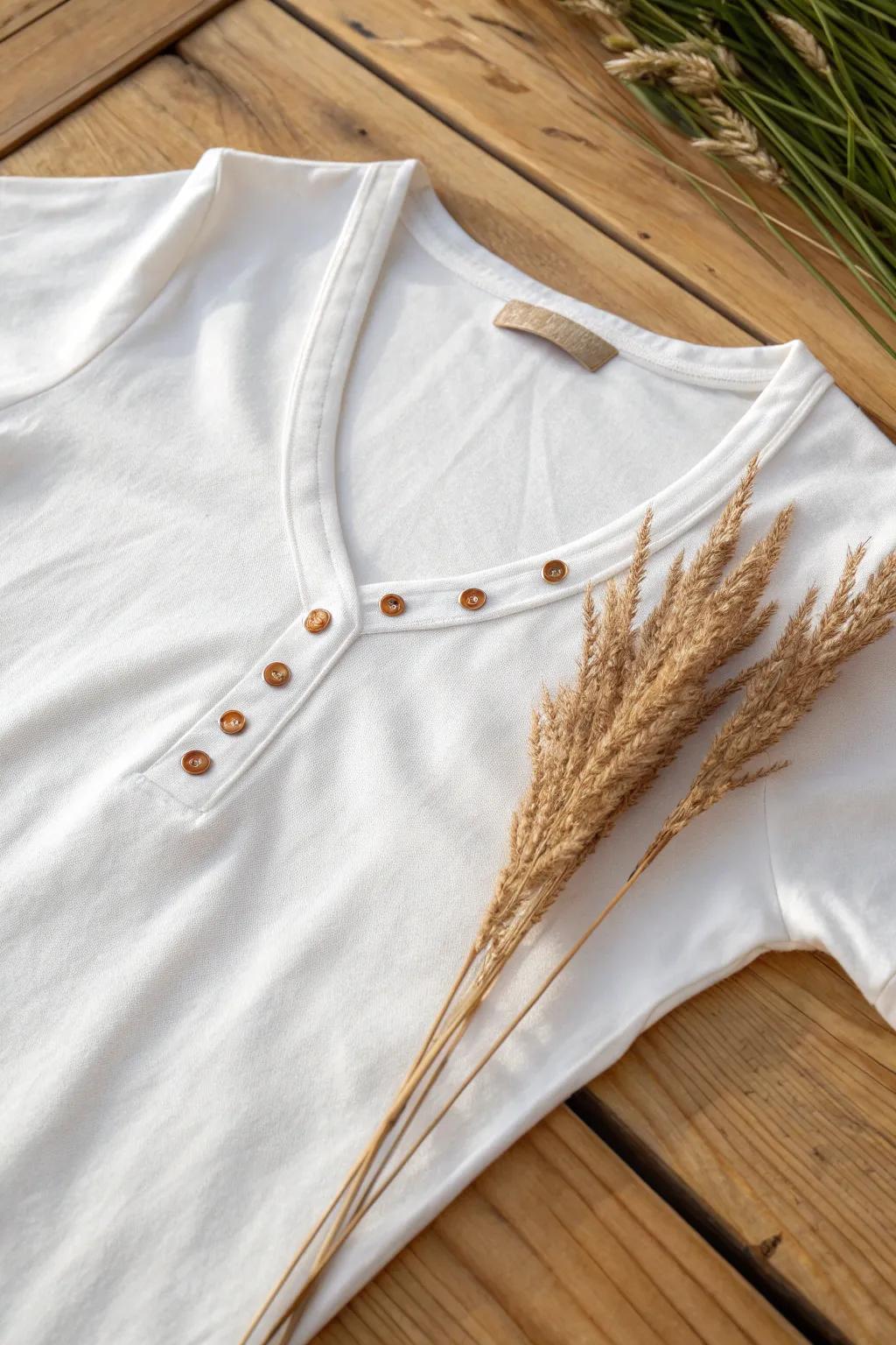 Elevate your style with a simple cut and delicate buttons for a chic V-neck transformation. #CraftedElegance