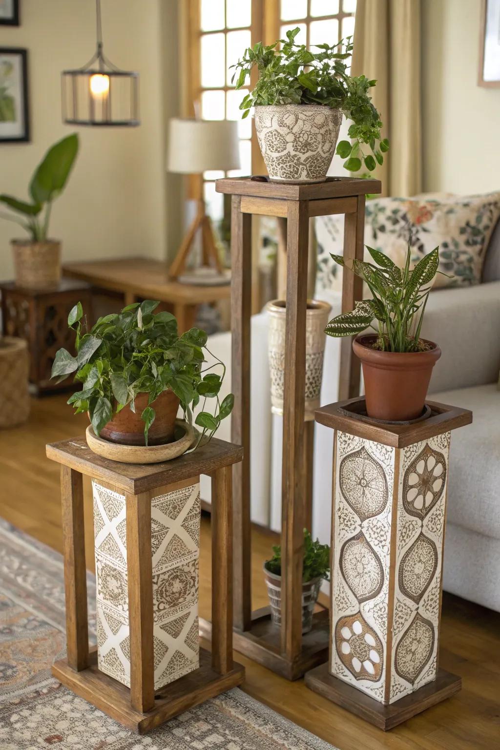 Show off your plants with characterful decoupaged stands.