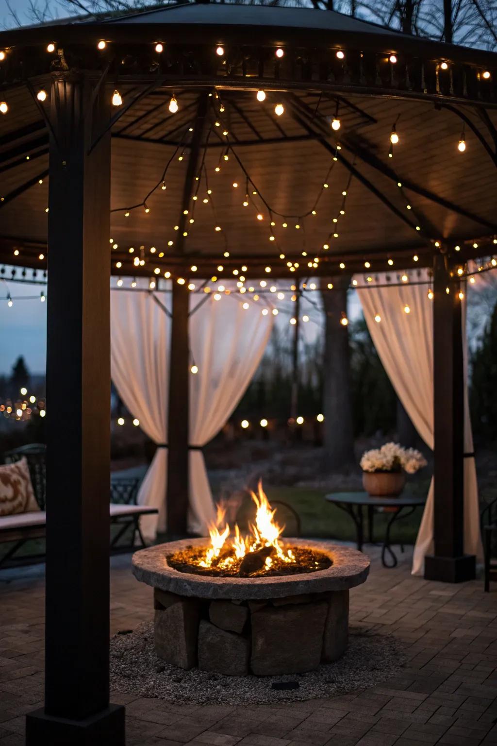 Create the perfect cozy gathering spot with a fire pit and ambient gazebo lights.