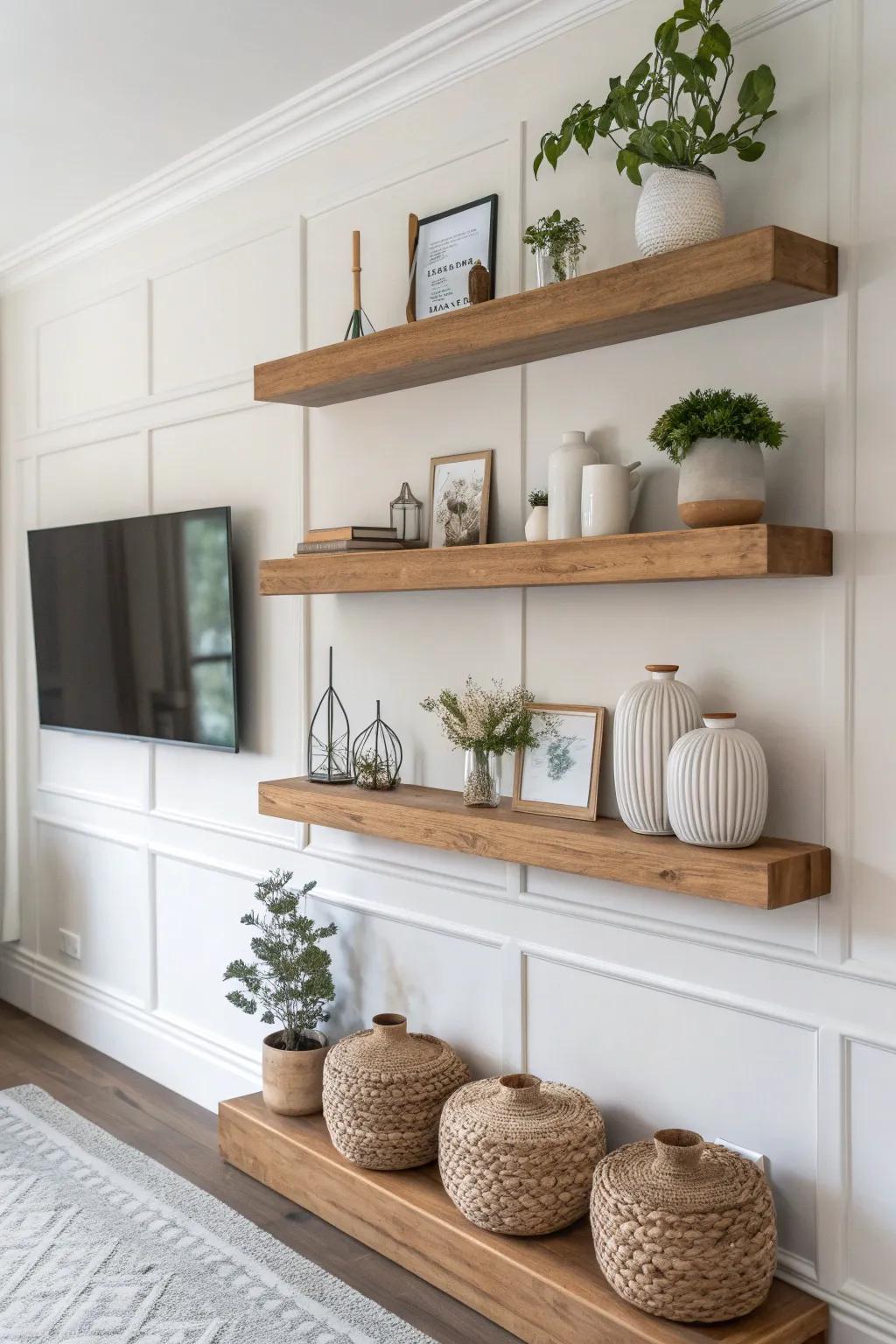 Transform clutter into elegance with minimalist floating shelves that hide cords and add style.