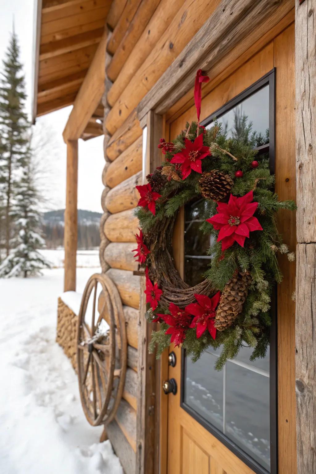 A rustic wood and poinsettia wreath on a cabin door.