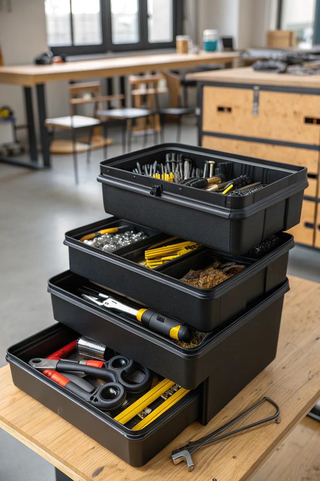 Maximize your workshop efficiency with these sleek stackable containers—perfect for taming even the bulkiest of tools.